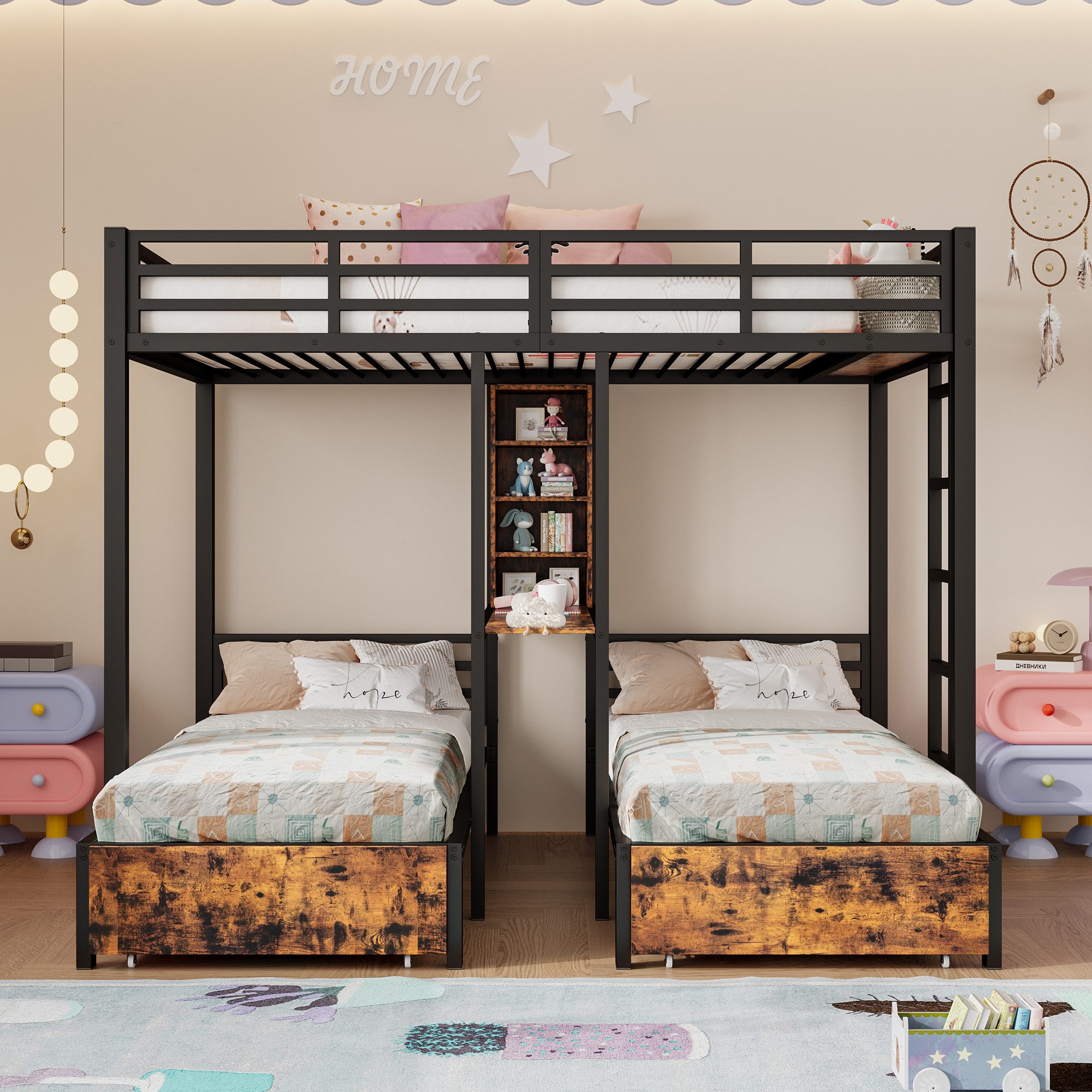 Flieks Etagenbett, Metallbett Dreierbett 90/140x200cm mit Staufächern und 2 günstig online kaufen