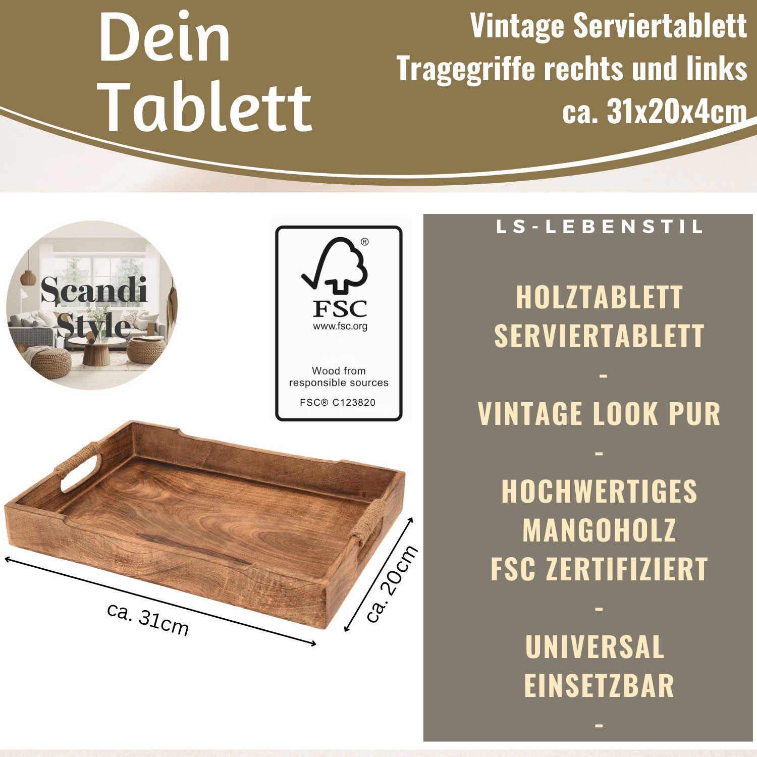 LS-LebenStil Tablett Vintage Mango Serviertablett 31x20x4cm Holz Tablett mit Kordel Griff D, Holz, (1-tlg., Küchentablett Frühstückstablett Betttisch Betttablett Kerzentablett), erhöhter Rand Sisal Kordel Griffe Frühstück Geschirr Getränke Deko