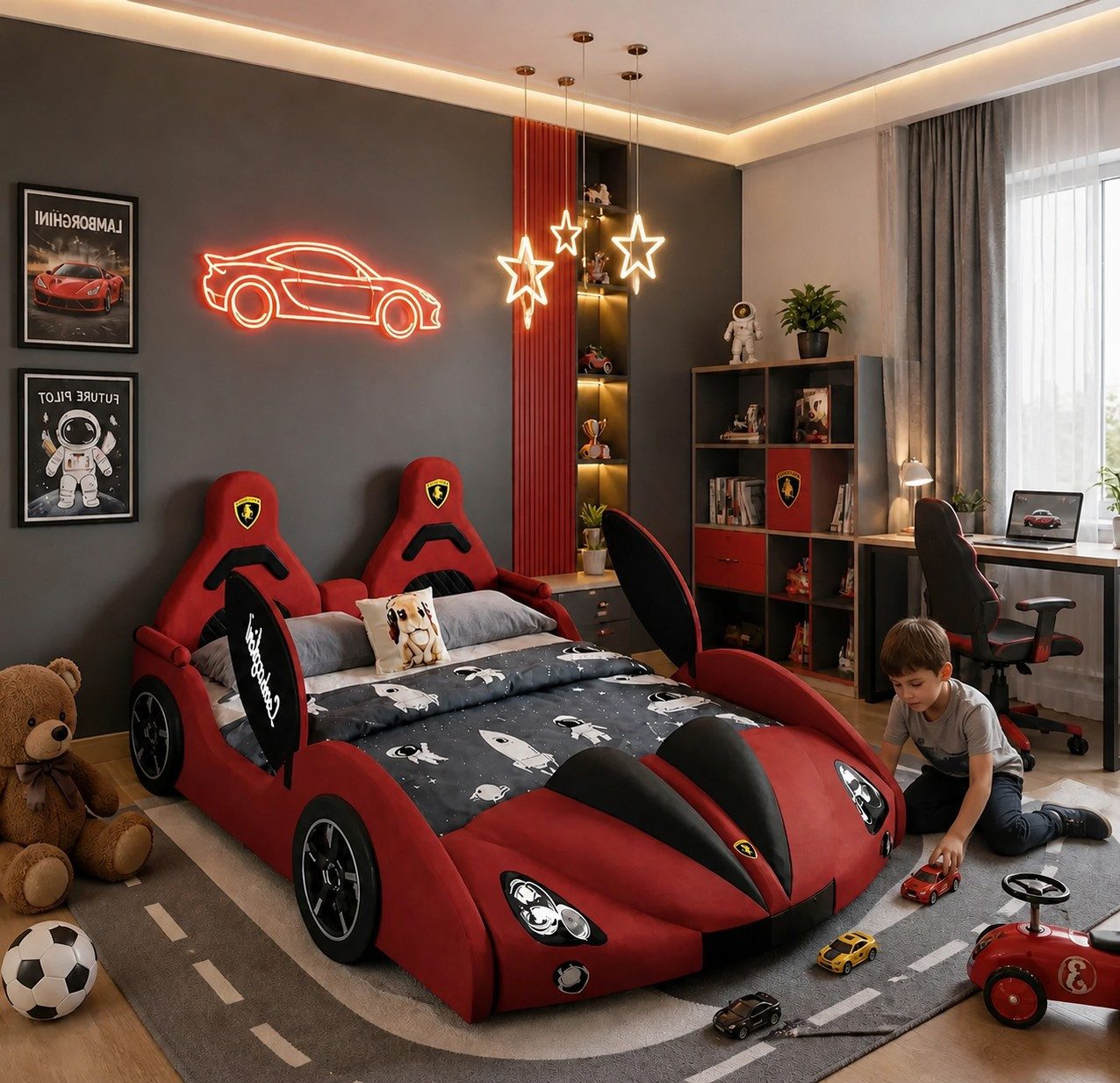 Xlmoebel Autobett Rotes Autobett für Kinder mit LED und Bluetooth-Funktion, Made in Europa