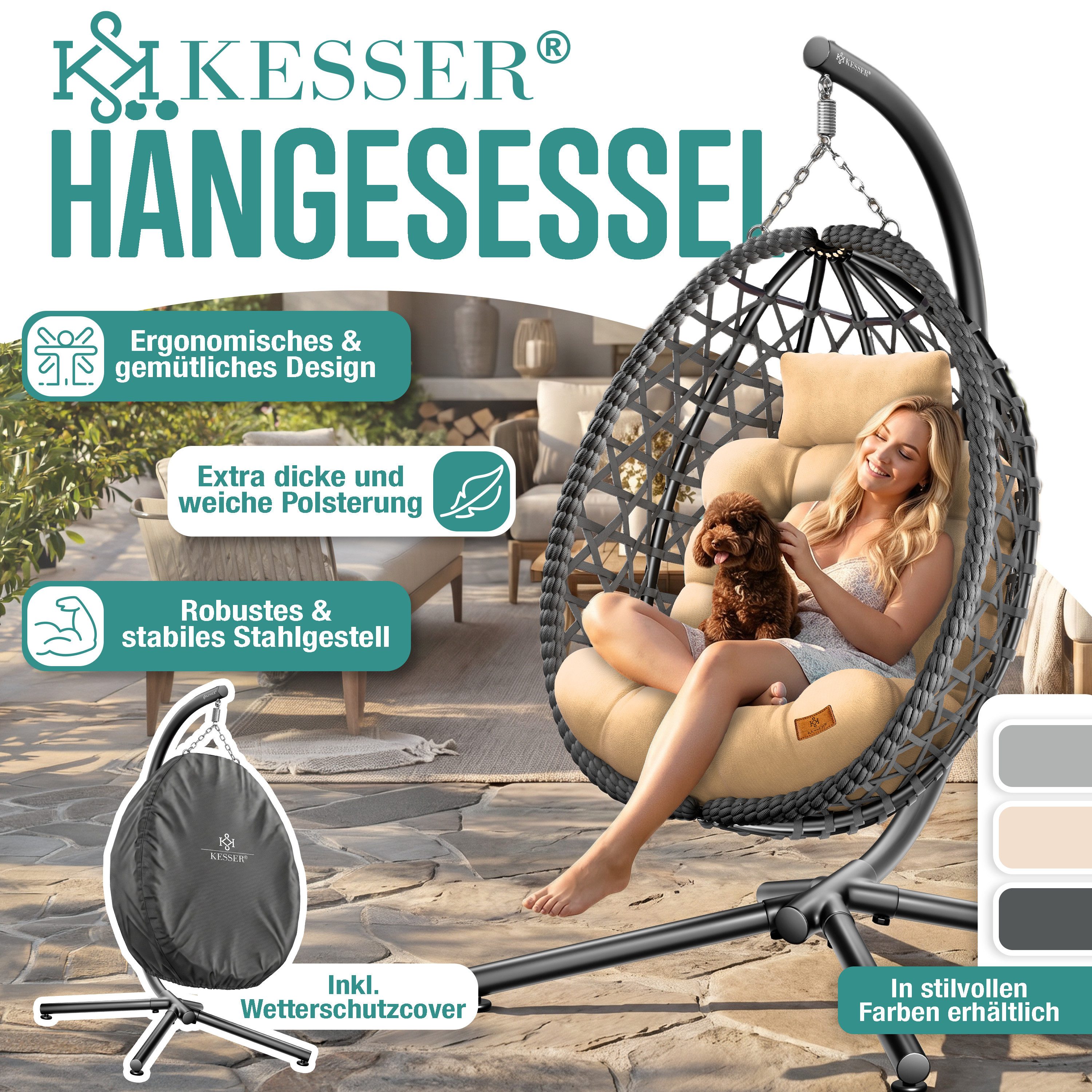 KESSER Hängesessel Hängestuhl mit Gestell, Polsterkissen, 2in1 Deckenhalterung & Cover, Indoor & Outdoor Schaukelstuhl bis 150kg belastbar