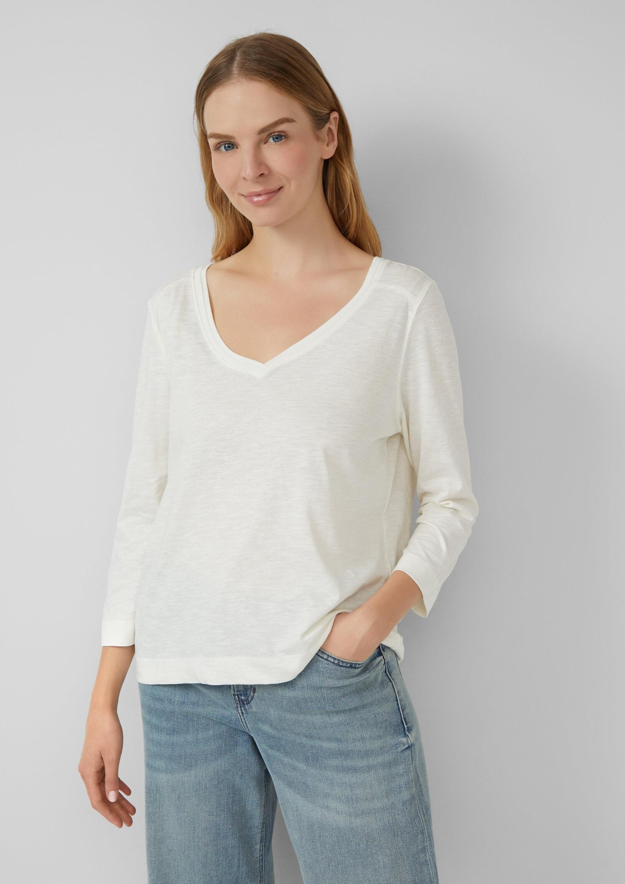 s.Oliver 3/4-Arm-Shirt T-Shirt 3/4-Armshirt aus Baumwoll-Flammgarn mit tiefem V-Ausschnitt