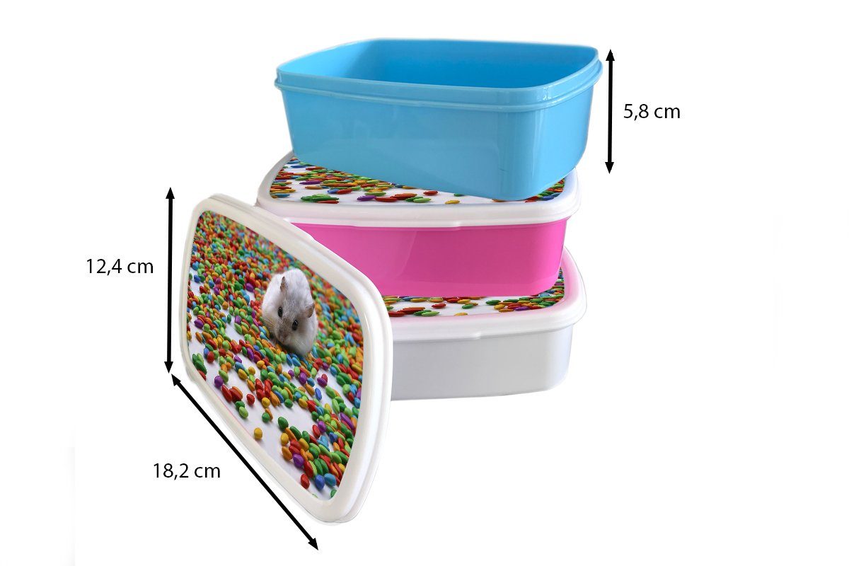 MuchoWow Lunchbox Hamster Brotbox Bonbons, Mädchen, Kunststoff, zwischen (2-tlg), Kunststoff bunten für Erwachsene, Brotdose Kinder, Snackbox, rosa den