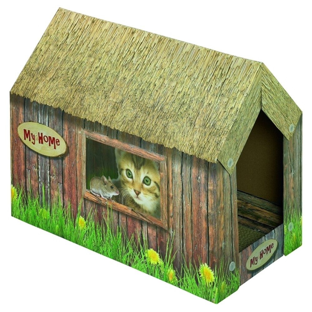 Nobby Katzenhaus Katzenhöhle Kratzhaus Rückzugsort, mit Catnip, Kratzbrett innen, Holzoptik