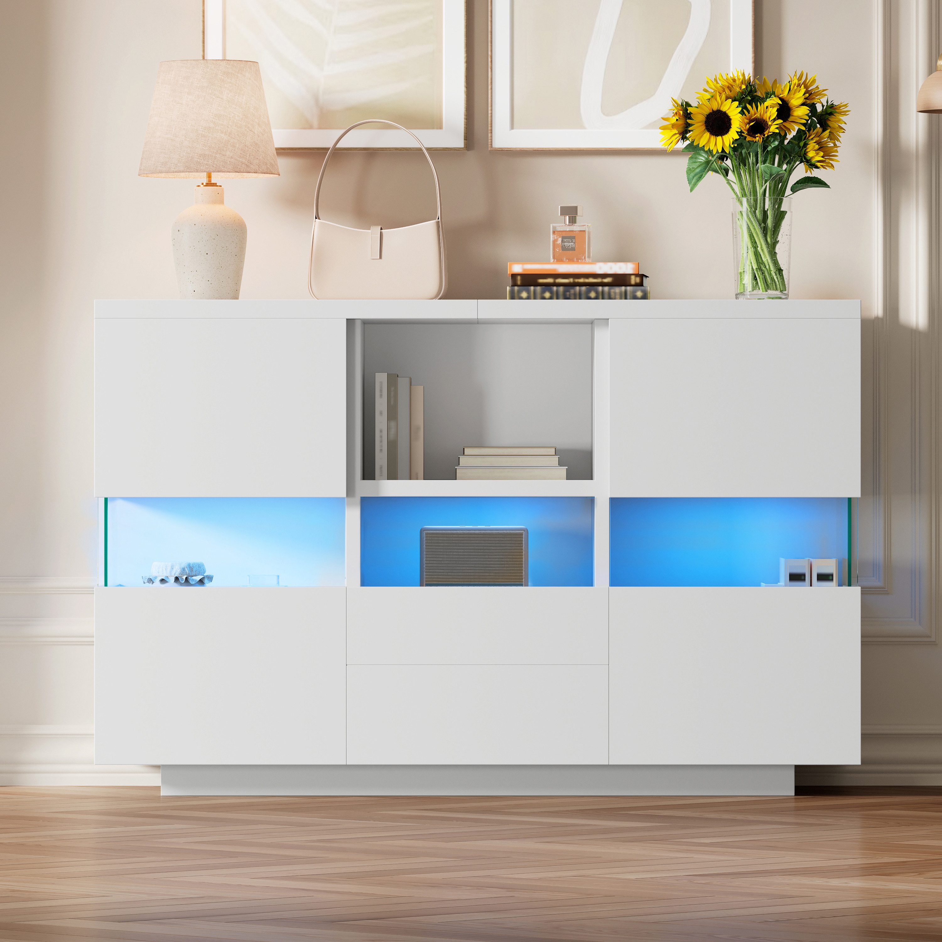 KLAM HOME Sideboard Minimalistisches Sideboard In Weiß Mit Schwebendem Design (Modernes Wohnzimmer Sideboard Mit Glasvitrine Und Schubladen), Stilvolles Aufbewahrungsmöbel Für Ordnung Und Stauraum