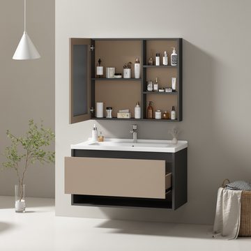 REDOM Badmöbel-Set Badschrank 90cm breit, Waschbeckenunterschrank hängend, (mit Keramikwaschbecken,Schubladen,Spiegelschrank)