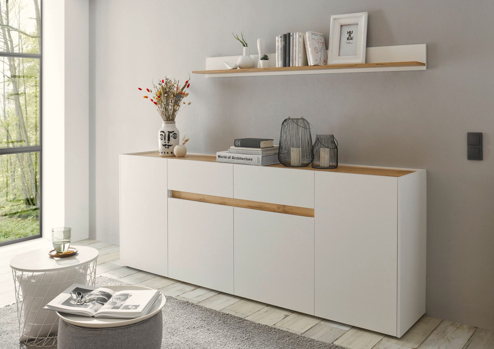 Furn.Design Wandboard Center, in weiß matt und Eiche Wotan, mit Rückwandpaneel