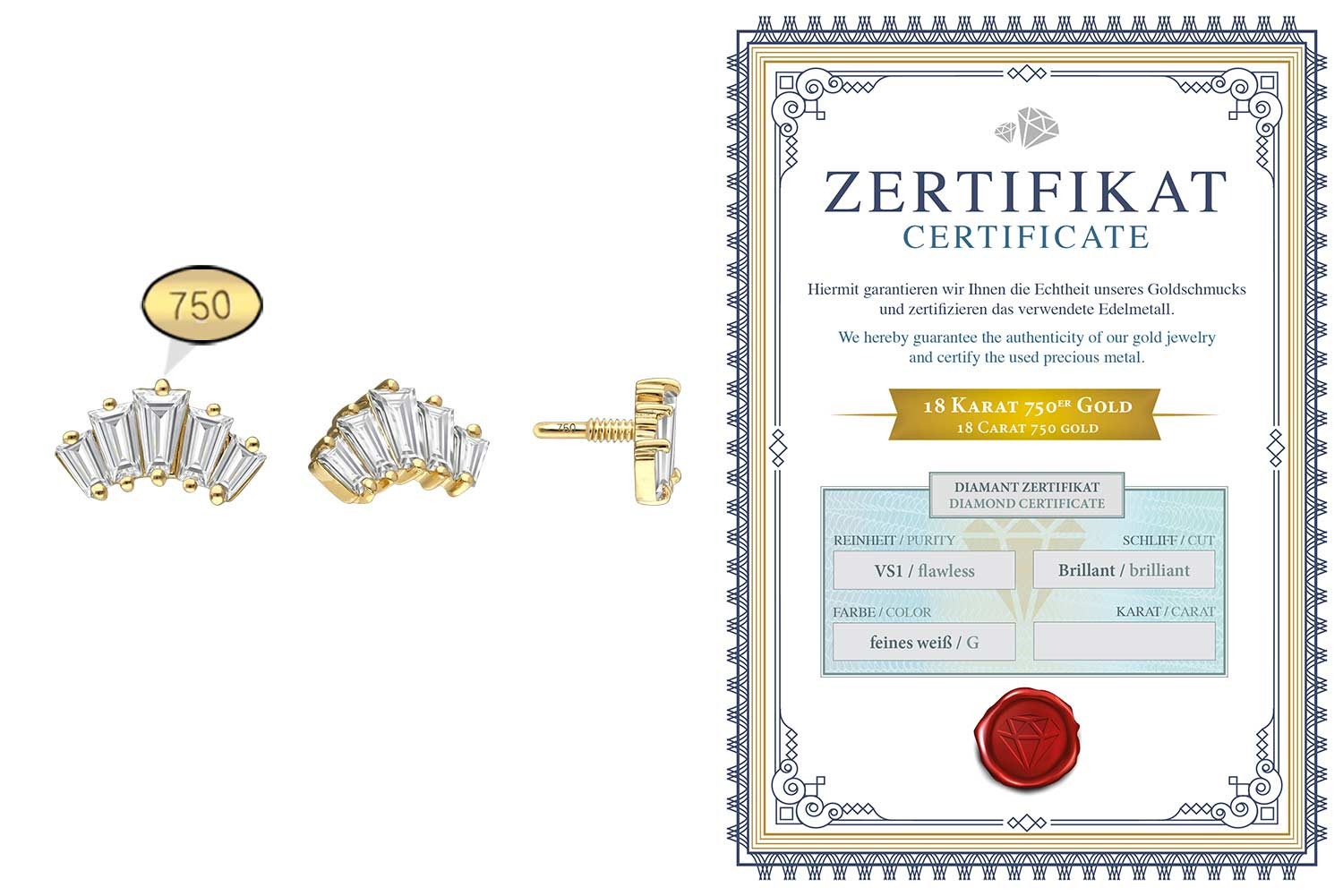 PIERCINGLINE Piercing-Set 18 Karat Gold Schraubaufsatz mit Außengewinde 5 DIAMANT-RECHTECKE (Schraub-Aufsätze, 1-tlg)
