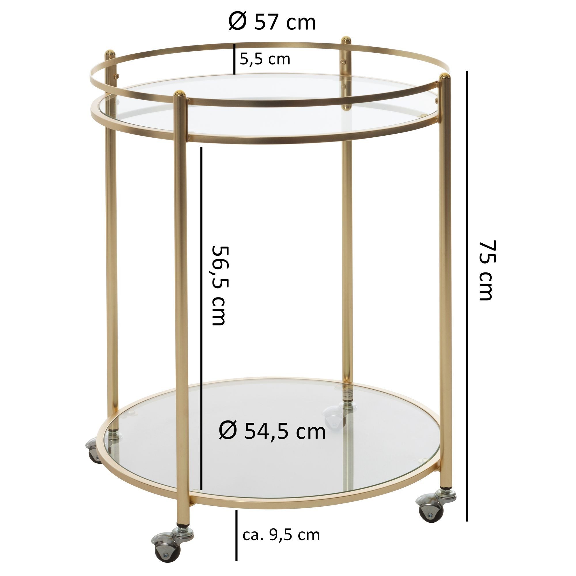 FINEBUY Servierwagen Gold Ø 57cm Beistelltisch Teewagen Rollen Küchenwagen FB49689, (Design Teewagen Gold Ø 57 cm, Beistelltisch Rund), Küchenwagen mit Rollen, Barwagen Küchentrolley