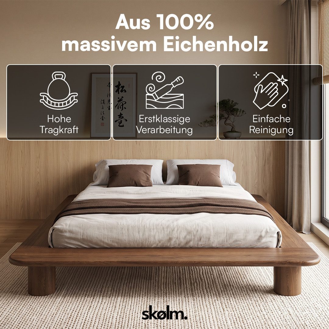 skølm Futonbett Vestri aus massiver Eiche (Walnussoptik, 140x200 cm), Massivholzbett lackiert, niedriges Doppelbett mit 25 cm Höhe