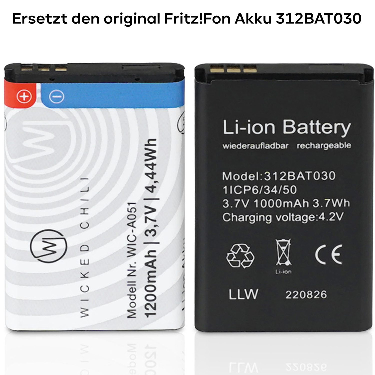 Wicked Chili 2x Akku für FRITZ!Fon X6 Zusatzakku 312BAT030 1,2Ah Zusatz-Akku MT-F Pro Series (3,7 V), Akku geeignet für AMV Fritz!Fon X6