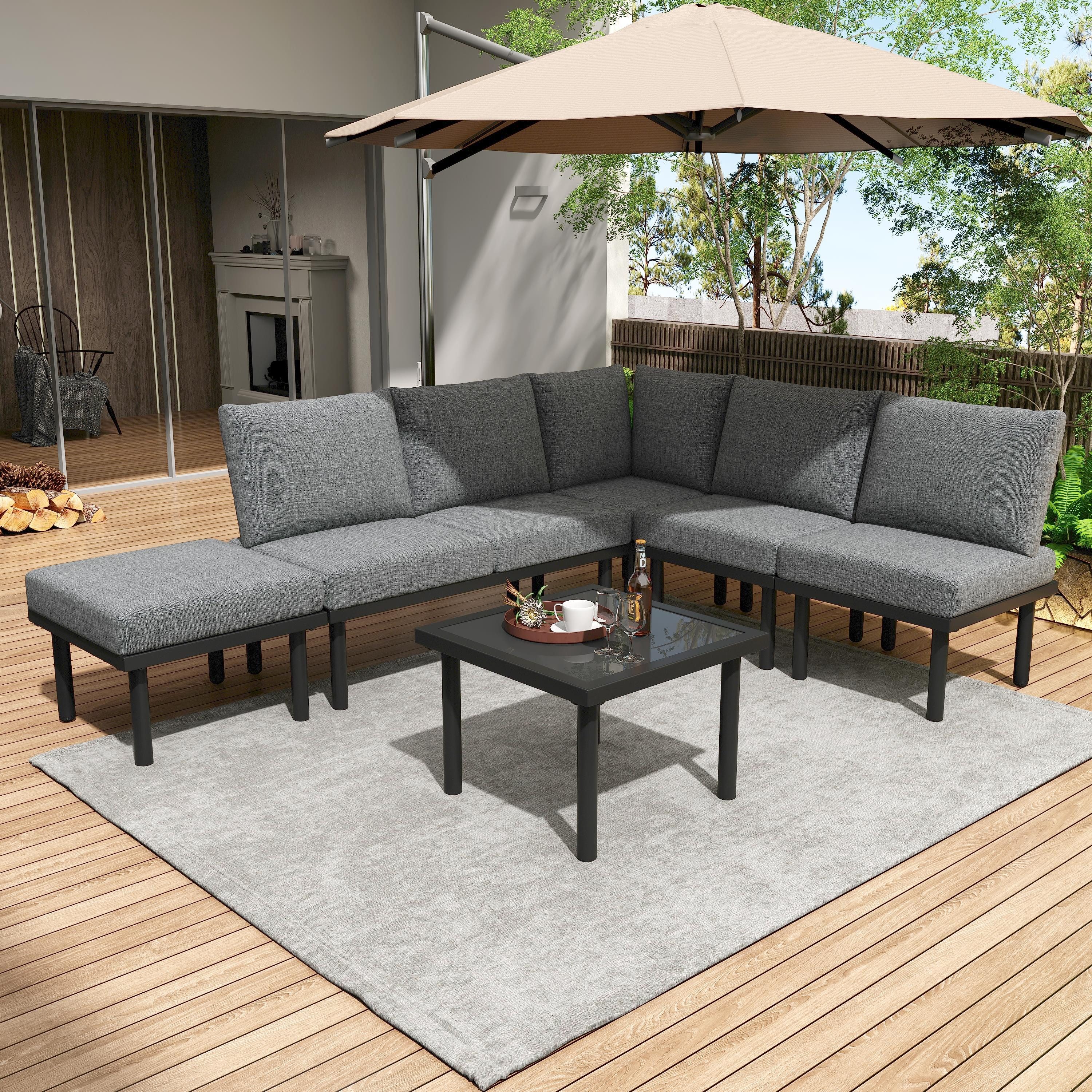 BBWL Gartenlounge-Set mit Seil Geflecht, verzinkter Eisenrahmen, Glastisch, Kissen, Gartenmöbel Lounge Set 6 Personen