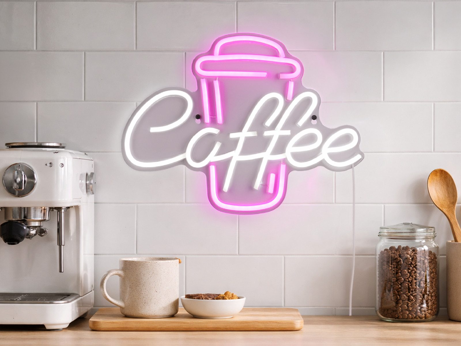 Reality Leuchten LED Dekolicht Flaches Neon-Schild Café, Breite 40cm, LED fest integriert, USB Dekoleuchte, Wand-Lampe Neonschrift mit Netzteil & Schalter