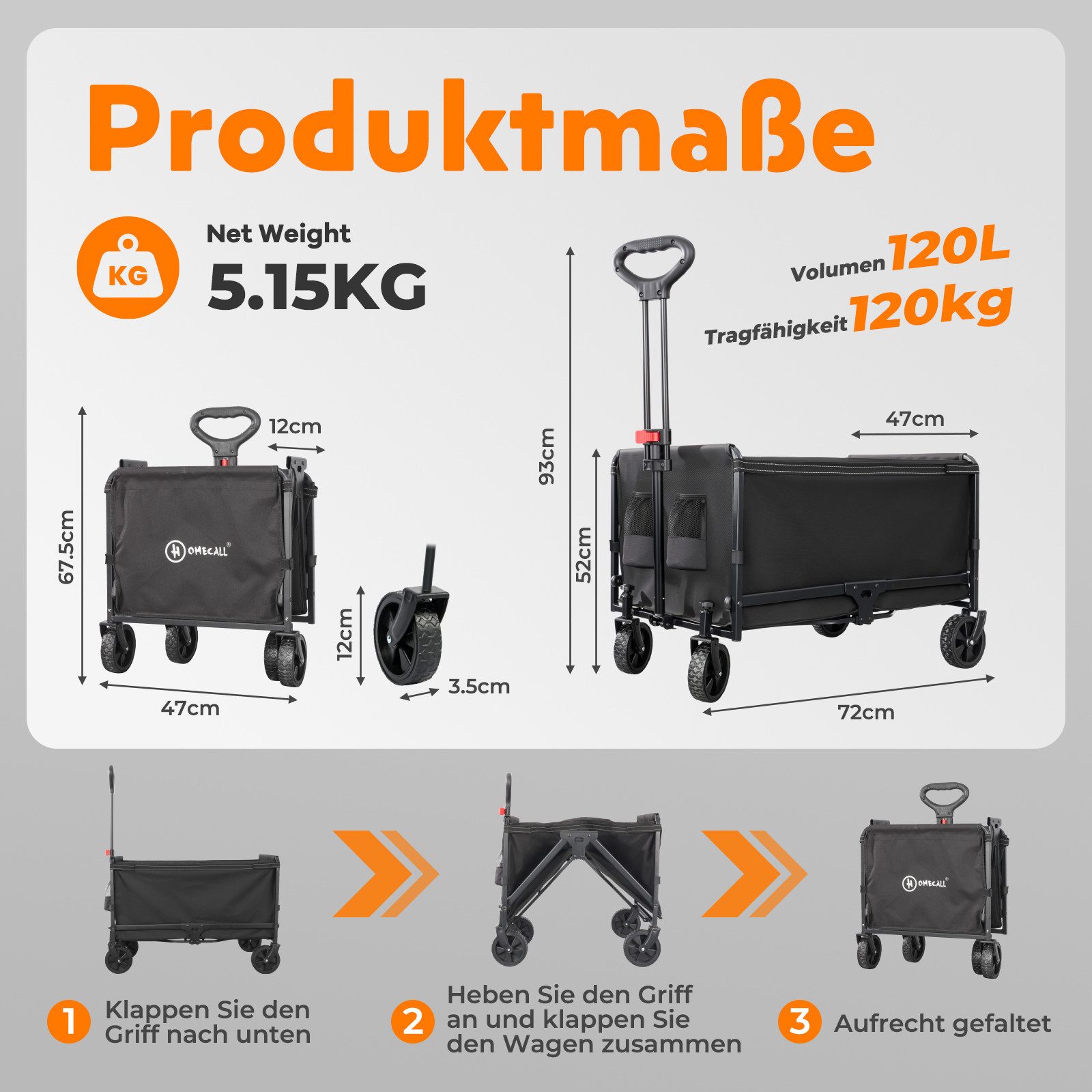 HOMECALL Bollerwagen Kleiner Handwagen Faltbar Gartenwagen kompakt (mit Regenschutz und Getränkehalter), bis 120 kg belastbar, 120 L, Schwar