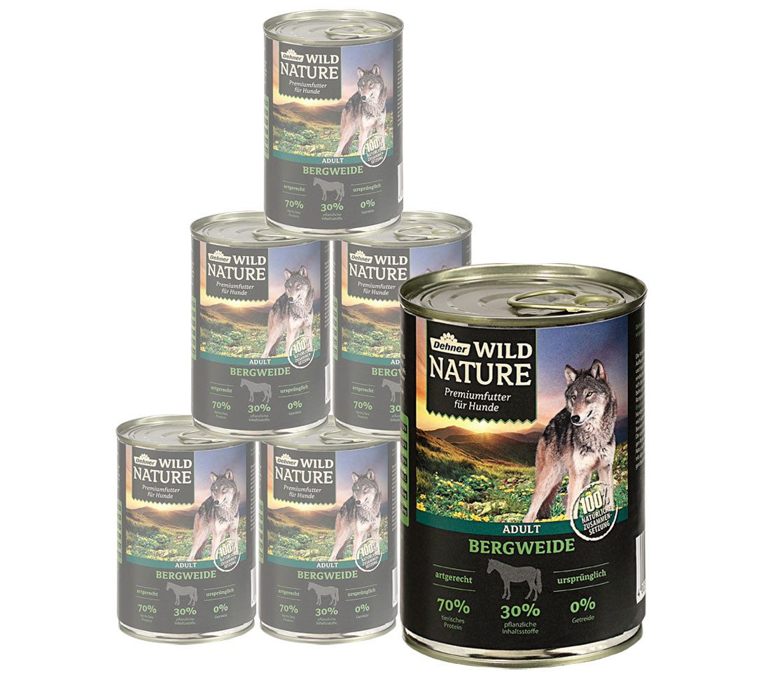 Dehner Wild Nature Bergweide Adult Pferd / Rind, 6 x 400 / 800 g Dose Pferd, Nassfutter für: Hunde, Nassfutter für ausgewachsene Hunde, glutenfrei
