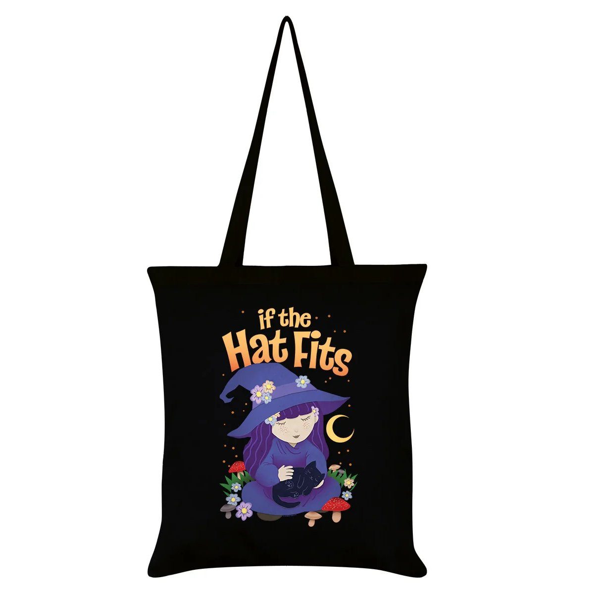 Dark-Desires Schultertasche If The Hat Fits – Schwarze Umhängetasche Stofftasche Hexe mit Katze, Baumwolltasche mit Hexen- und Katzenmotiv