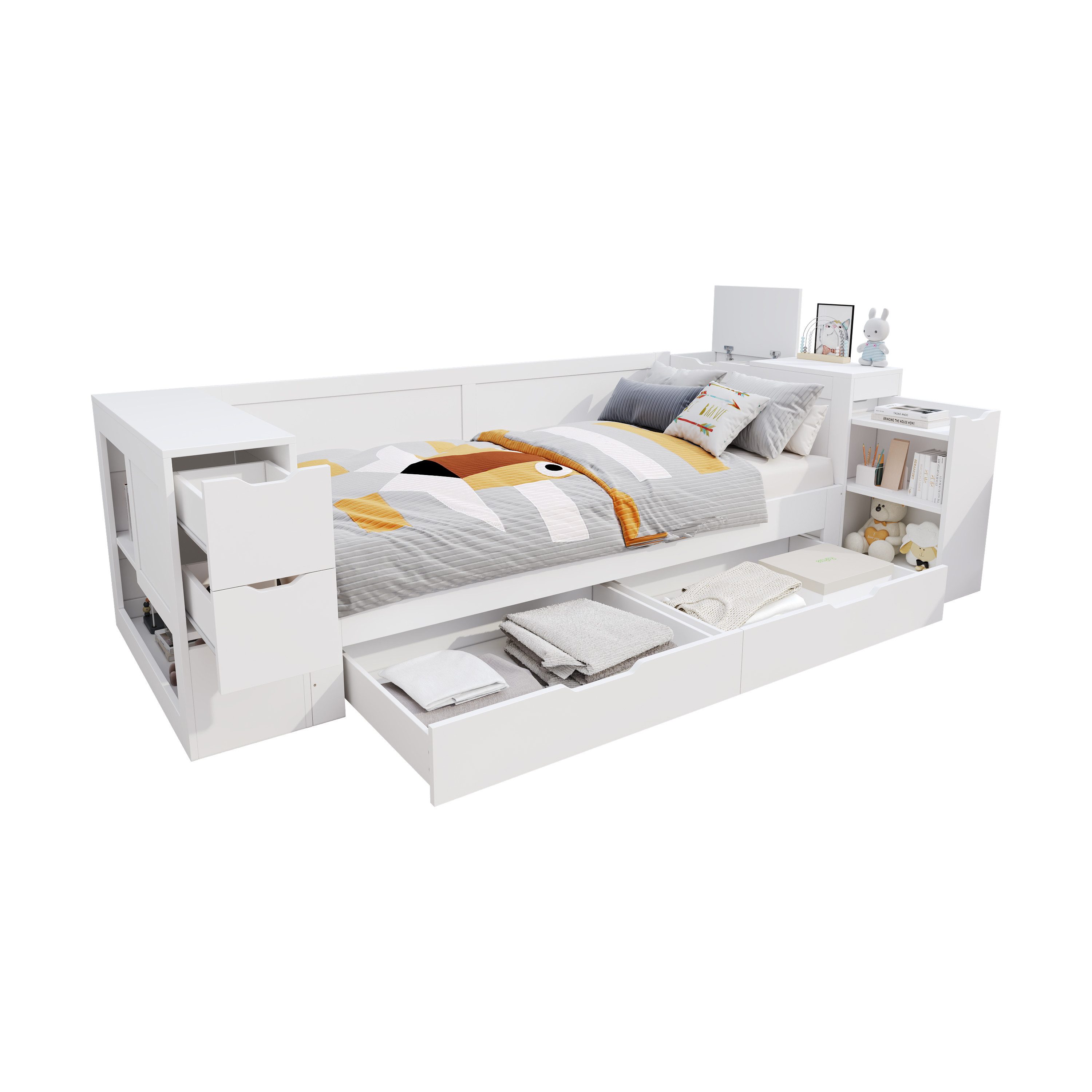 BlingBin Kinderbett Multifunktionales Einzelbett Jugendbett Massivholzbett Stauraumbett (Kinderbett mit Schubladen, Regalen und Stauraum, mit Nachttisch, 1-tlg., 90 x 200 cm, Ohne Matratze, Belastbarkeit maximal: 200KG), Bettgestell für Schlafzimmer Kinderzimmer, MDF, Weiß
