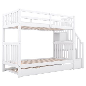 Ulife Etagenbett Kinderbett Jugendbett mit Treppenregal, hohe Geländer, ausgestattet mit ausziehbares Rollbett, 90x200cm/90x190cm