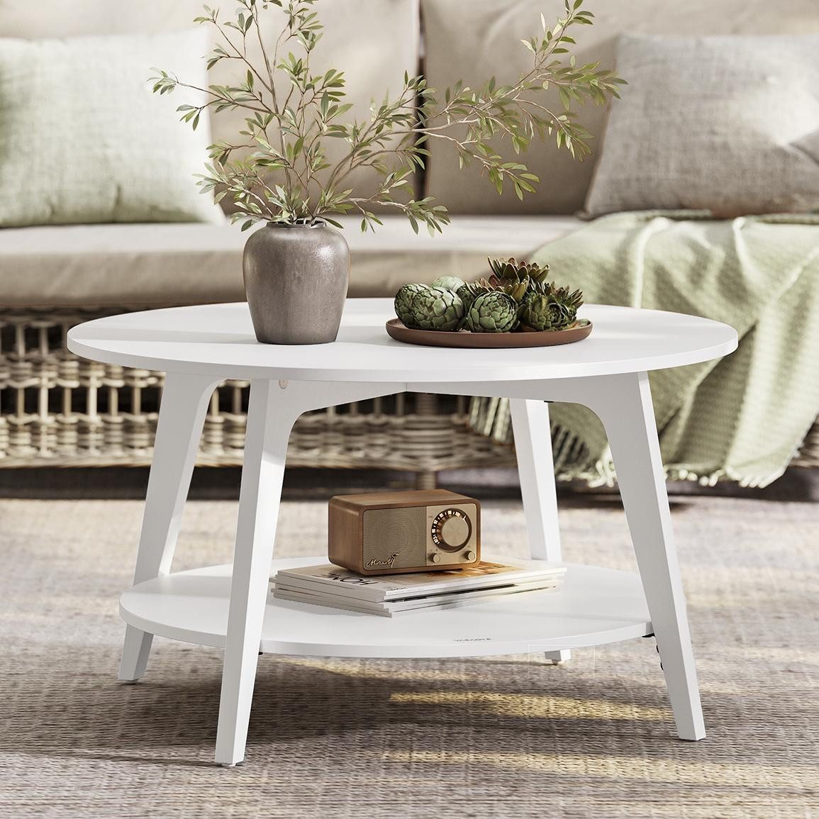 VASAGLE Couchtisch, Wohnzimmertisch 2 Ebenen, ∅80 x 45 cm, einfach zu montieren