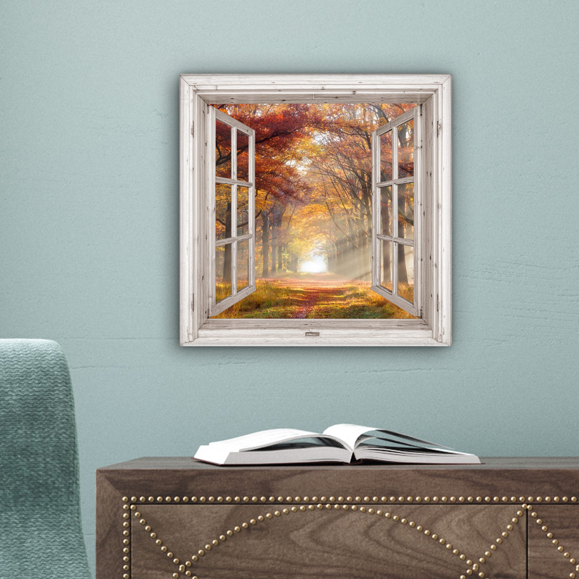 OneMillionCanvasses® Leinwandbild Herbst - Wald - Bäume - Natur - Fensterblick, Fotodruck (1 St), Leinwand Bilder Klein, Wand Dekoration Aesthetic 30x20 cm – Bild 3 von 5