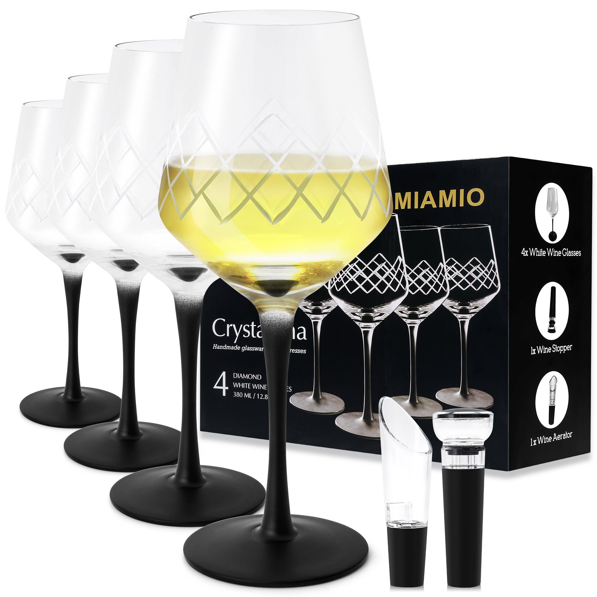 MiaMio Weißweinglas Crystaluna mit schwarzem Stiel, 380 ml, 4-tlg., Glas, mit schwarzem Stiel, Weinstopper und Weinbelüfter