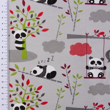 SCHÖNER LEBEN. Stoff Baumwolljersey Jersey Pandas Schaukel Bäume grau grün rot 1,65m