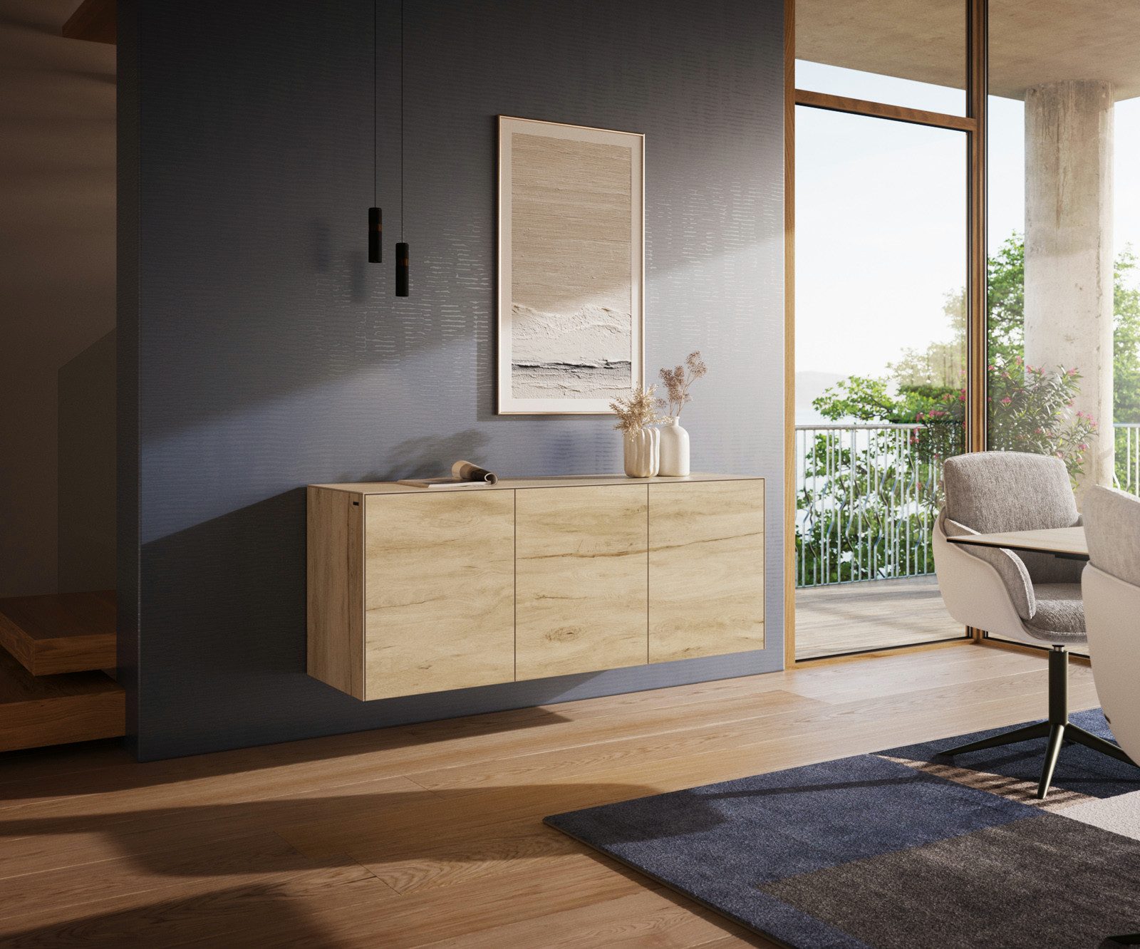 DELIFE Sideboard Cuor, Keramik Laminam® Sabbia Eichefarbig 150 cm 3 Türen Schwebend Sideboard