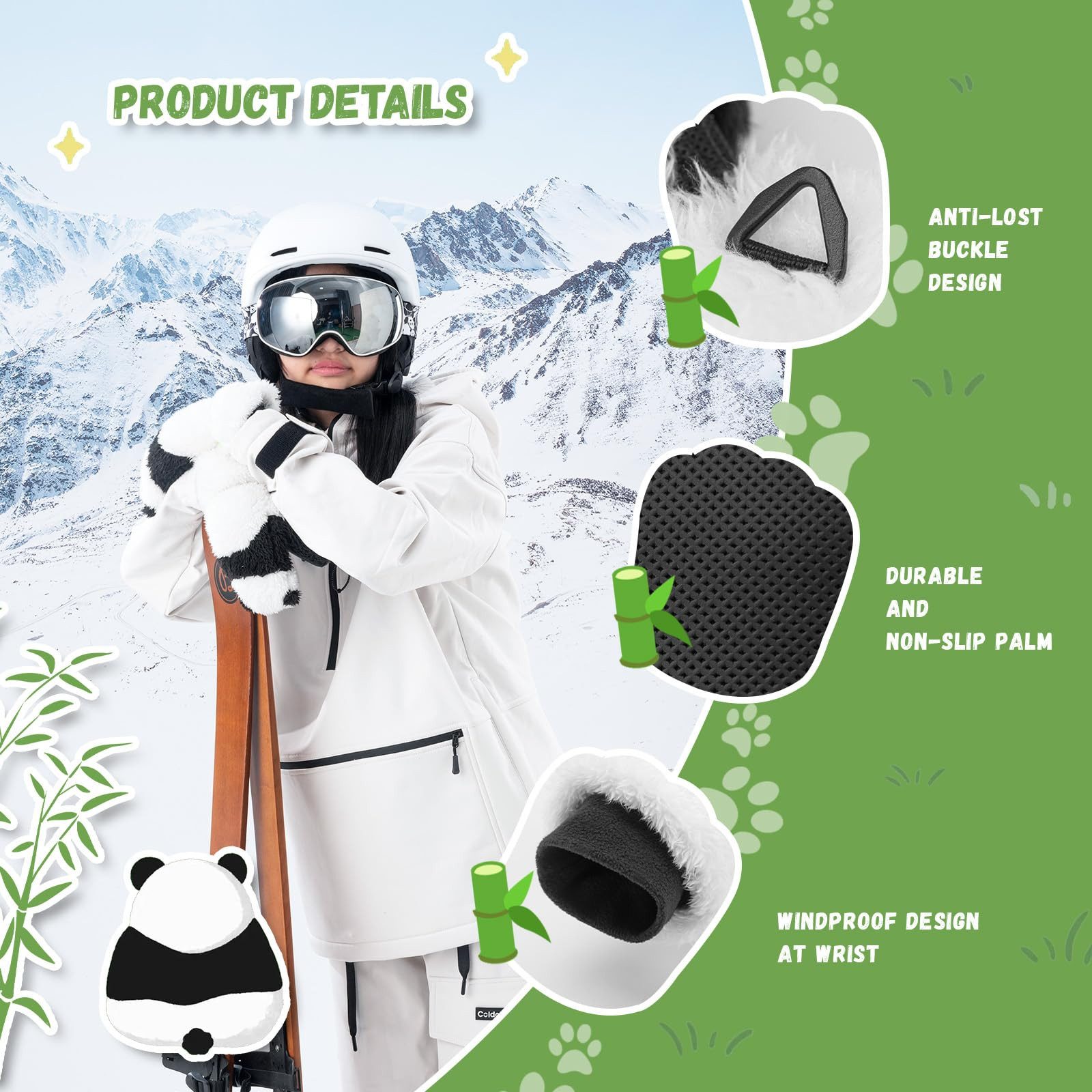 ROCKBROS Skihandschuhe Panda Design, warme Thermo Handschuhe mit vollen Fingern, winddicht Cute panda design