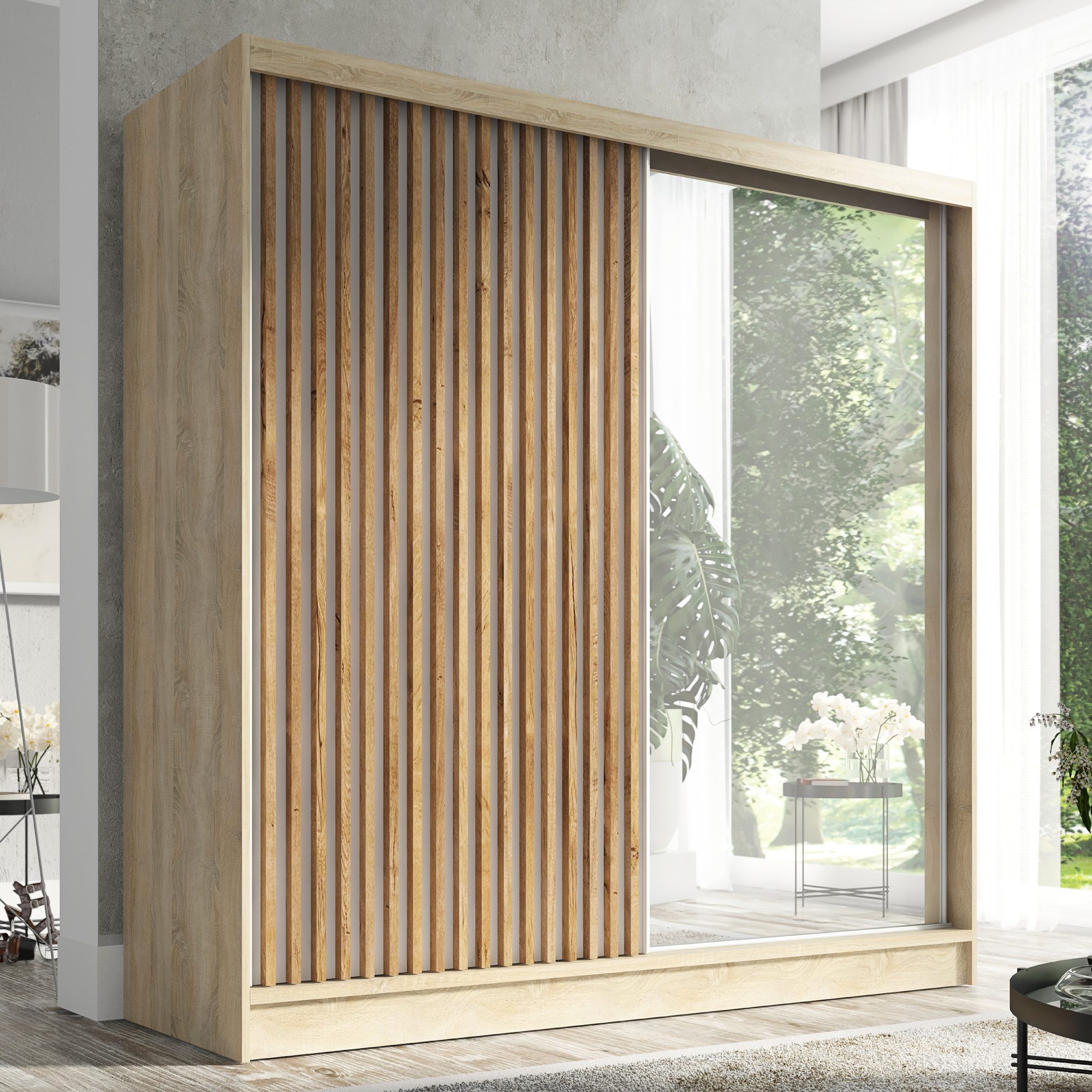 A&J MöbelLand GmbH Schiebetürenschrank LUNO 2-türiger Kleiderschrank mit Spiegel, Lamellen. (TOP ANGEBOT! Geräumiger Schrank mit einer Breite von 200 cm und Spi – Bild 2 von 5
