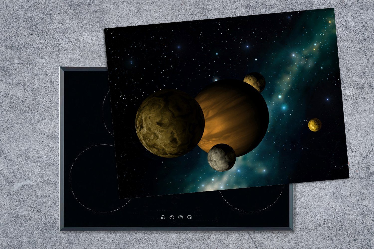 70x52 - Arbeitsfläche MuchoWow Mond, Vinyl, - Ceranfeldabdeckung Planeten cm, Sterne nutzbar, Herdblende-/Abdeckplatte tlg), Mobile (1