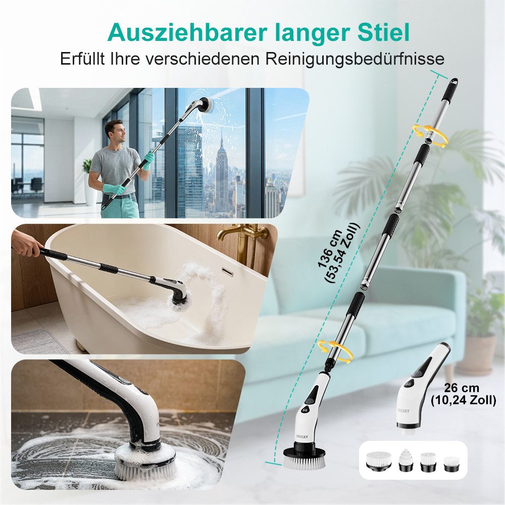 PRASKY Reinigungsbürsten-Set Kabellose Rotationsbürste mit 9 Köpfen & IPX8 wasserdicht, Auto, Fliese, Boden, Geschirr, Grill, Glas, Badewanne, Waschbecken, Balkon, Fenster, (9-teiliges Reinigungsbürstenset, 9-tlg., Kabellose Drehbürste, 2 Geschwindigkeitsstufen, Geräusch <60 Dezibel), 2600 mAh, 110 Min Laufzeit, 9 Bürstenköpfe für Reinigungsbürste