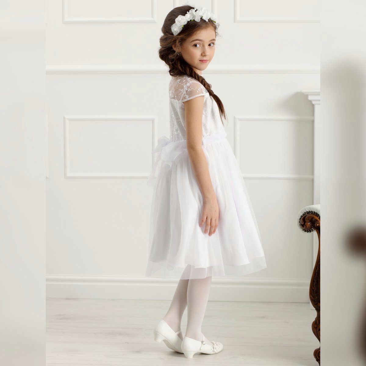 Dalary Tüllkleid Blumenmädchenkleid Kommunionkleid Dalary DK-116 Weiß