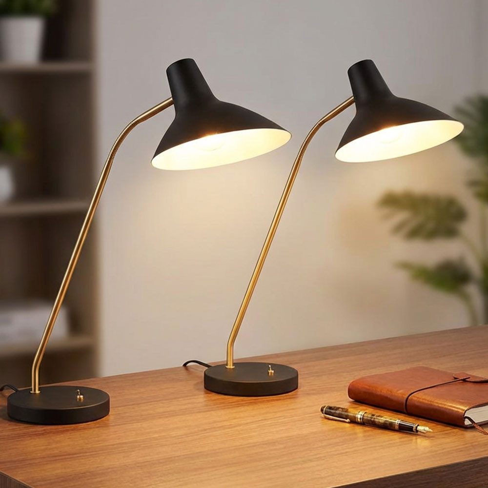 TRIO Leuchten Schreibtischlampe, Leuchtmittel nicht inklusive, Tischlampe Tischleuchte Flexo schwarz gold H 54 cm 2er Set