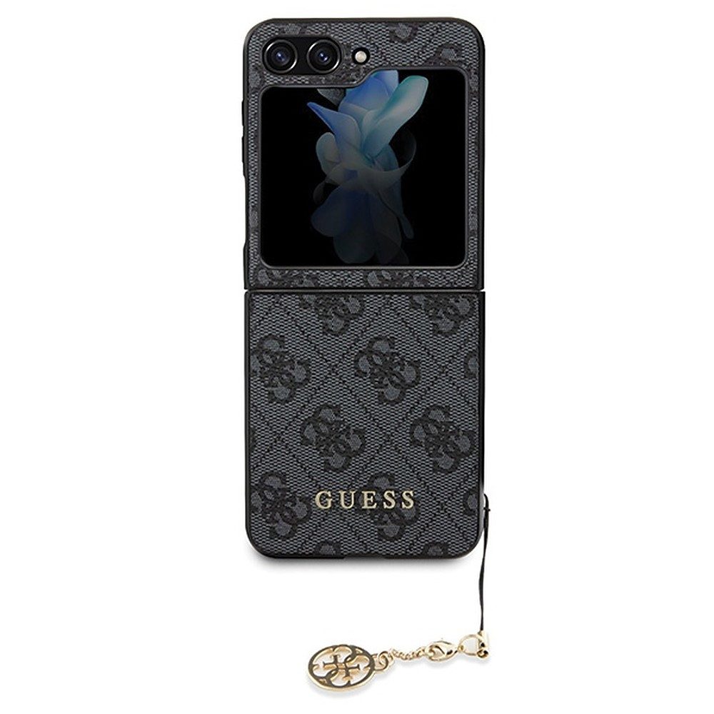 Guess Handyhülle Flip Case Schutzcover, 4G-Muster, Eco-Leder, goldfarbener Anhänger
