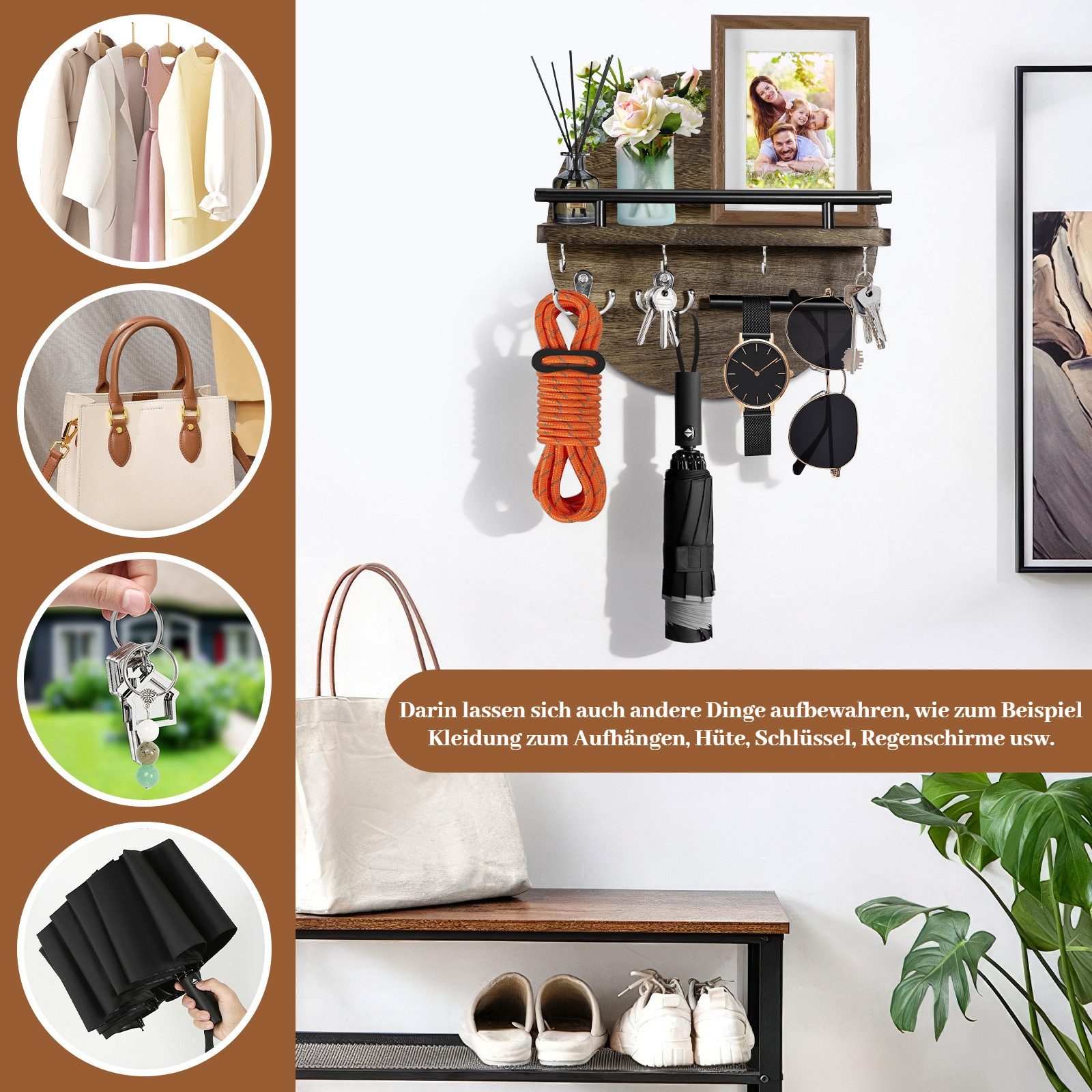 BlingBin Schlüsselbrett Eingangs-Schlüsselregal für die Wand, dekorativ, mit Regal und Haken, (1er Set, 1 St., 32 cm L x 32 cm B x 10 cm H), Post-Organizer, Wandhalterung, kreisförmiges Design für die Wand