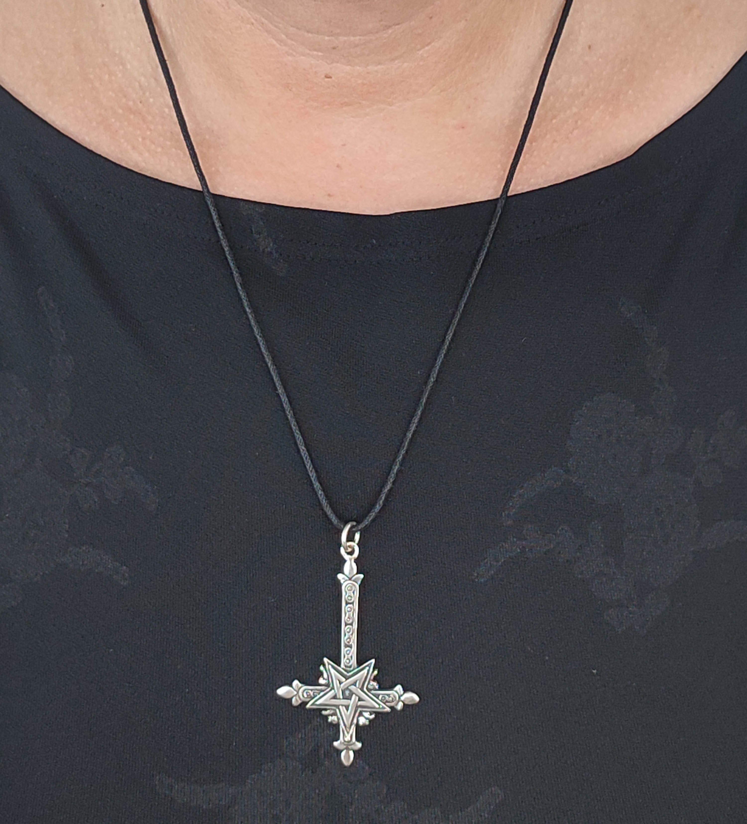 925 Kiss Magie, umgedrehtes Kreuz Leather Satan (Sterlingsilber) Pentagramm of Kettenanhänger Silber
