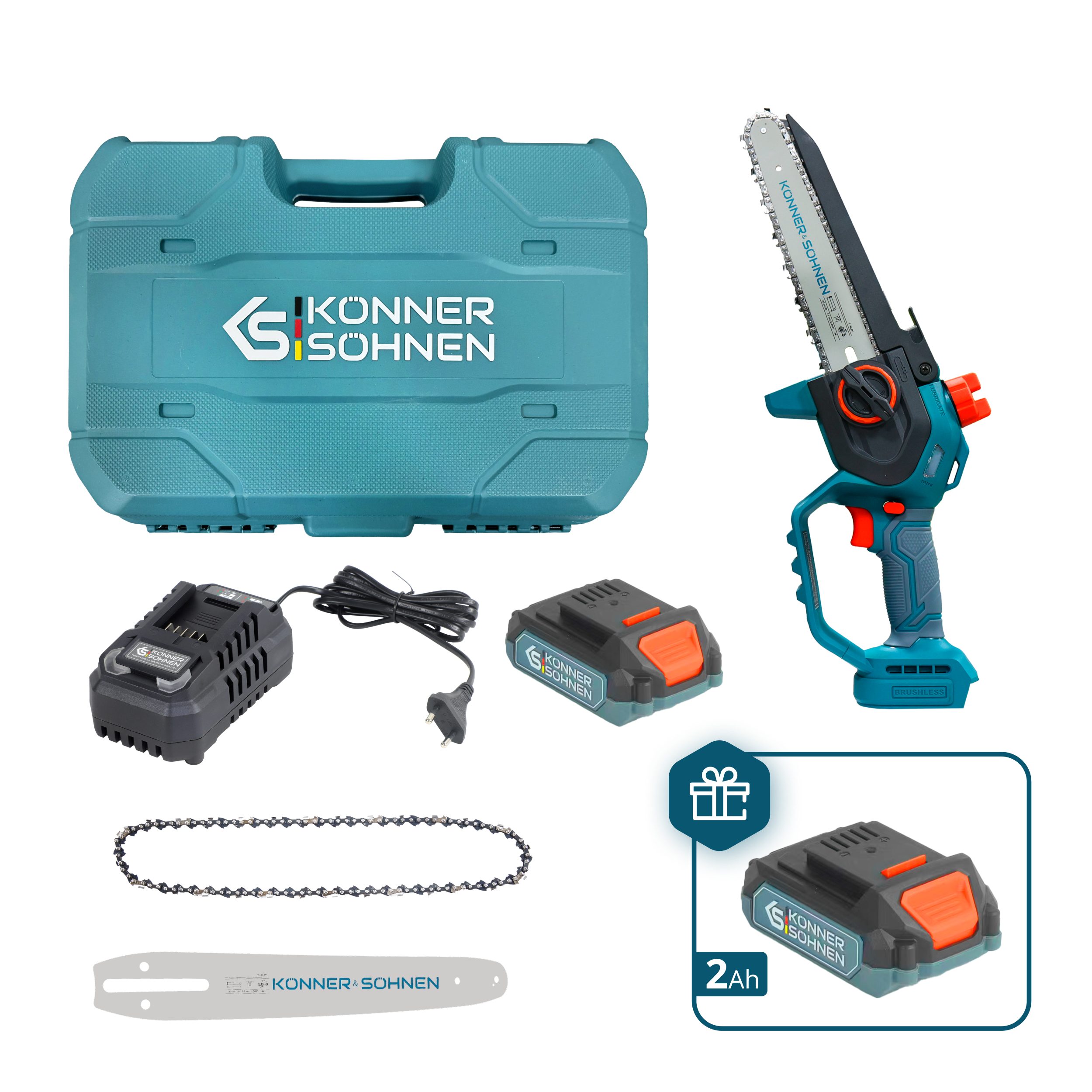Könner & Söhnen Akku-Kettensäge KS MCS20V-8 CASE PLUS, Akku-Mini-Kettensäge Set mit 2 Akkus, 2 Schienen & 2 Ketten, 1-tlg., Inklusive zusätzlichem 2Ah Akku als Geschenk & Koffer, Bürstenloser Motor, 8m/s Speed, werkzeuglose Spannung