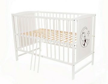 Babyhafen Kinderbett Babybett Teddybär weiß 60 × 120 cm mit Matratze Gitterbett (Bett und Matratze), Mit Motiv