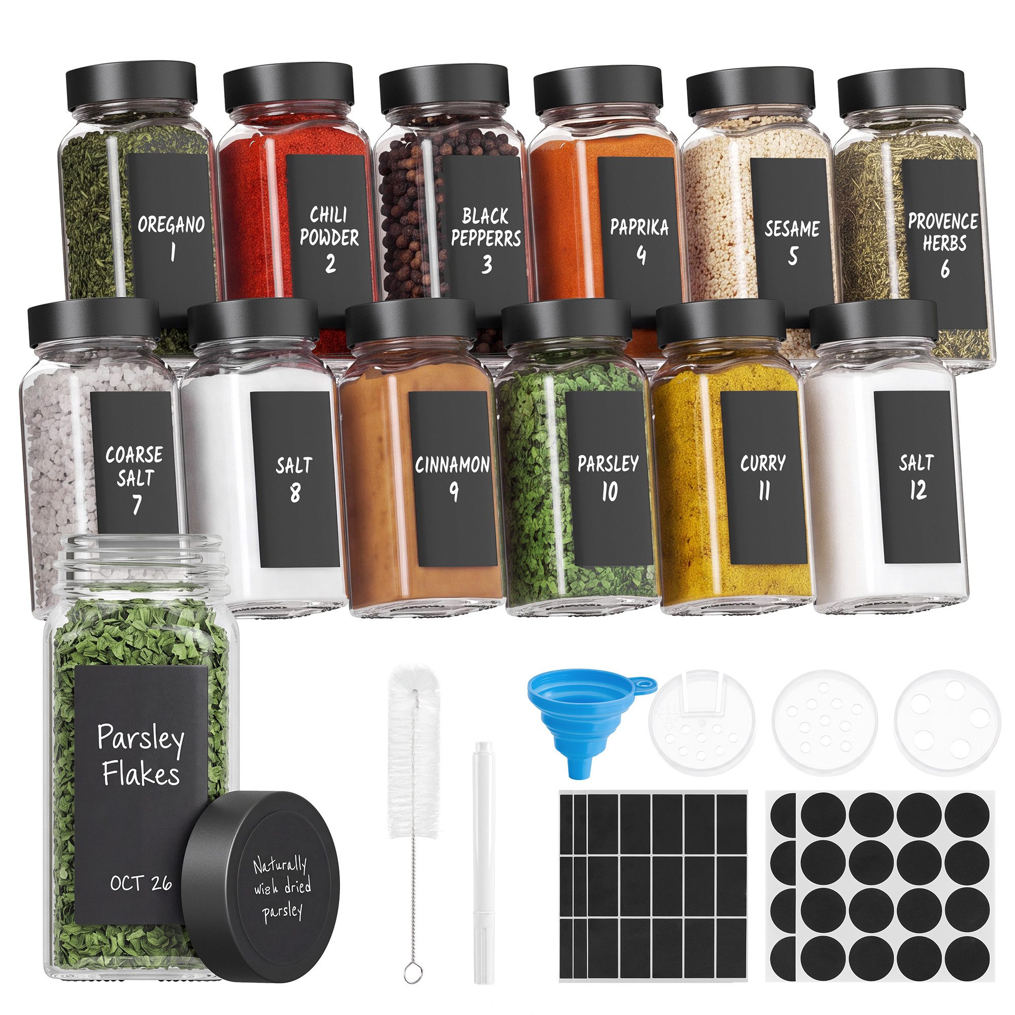 SONGMICS Gewürzbehälter Eckige Gewürzdosen aus Glas, Luftdicht mit Etiketten, Glas, PP-Kunststoff, 12er Set, 120 ml, 4,5 x 4,5 x 10,5 cm, Schwarz