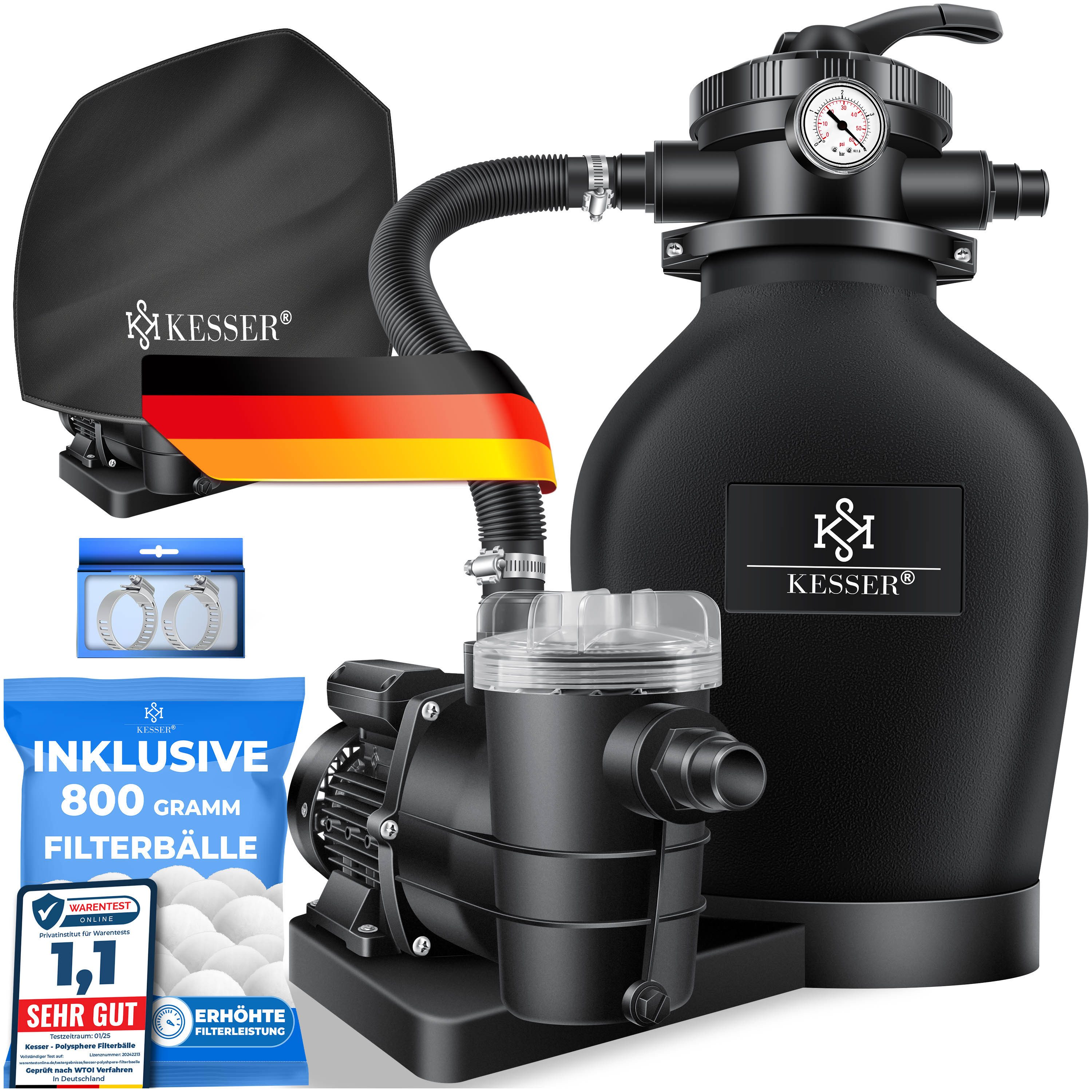 KESSER Sandfilteranlage Sandfilter mit Pumpe & 800g Filterbälle 10 m³/h Filteranlage für Pools, Poolfilter Set inkl. Wettercover, 7-Wege Ventil mit Druckanzeige