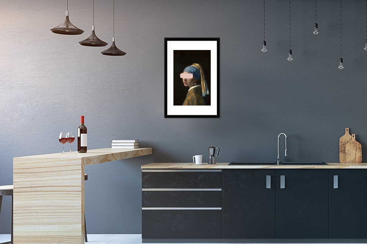 MuchoWow Poster Mädchen mit Perlenohrring - Johannes Vermeer - Pastell, (1 St), mit Rahmen, Kunstdruck, Gerahmtes Poster, Schwarzem Bilderrahmen