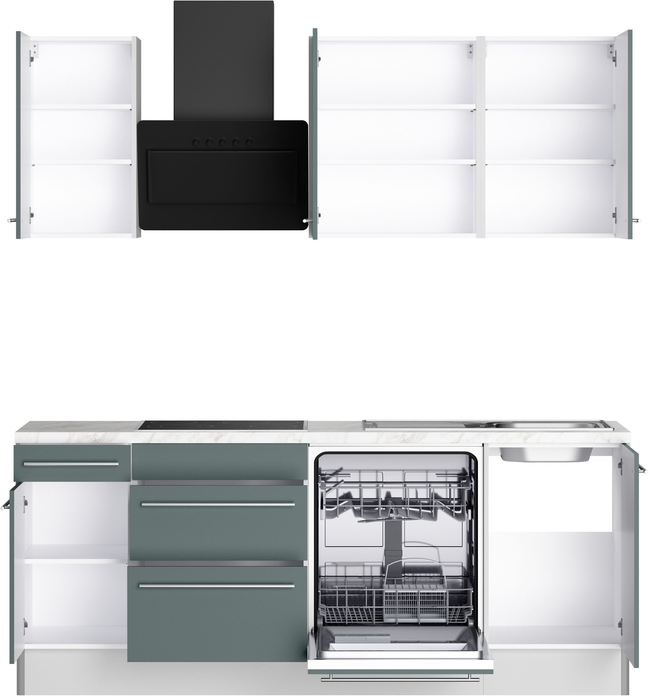 KOCHSTATION Küche KS-Bern2, Breite 210 cm, wahlweise mit E-Geräten, für autarkes Kochfeld 60 cm
