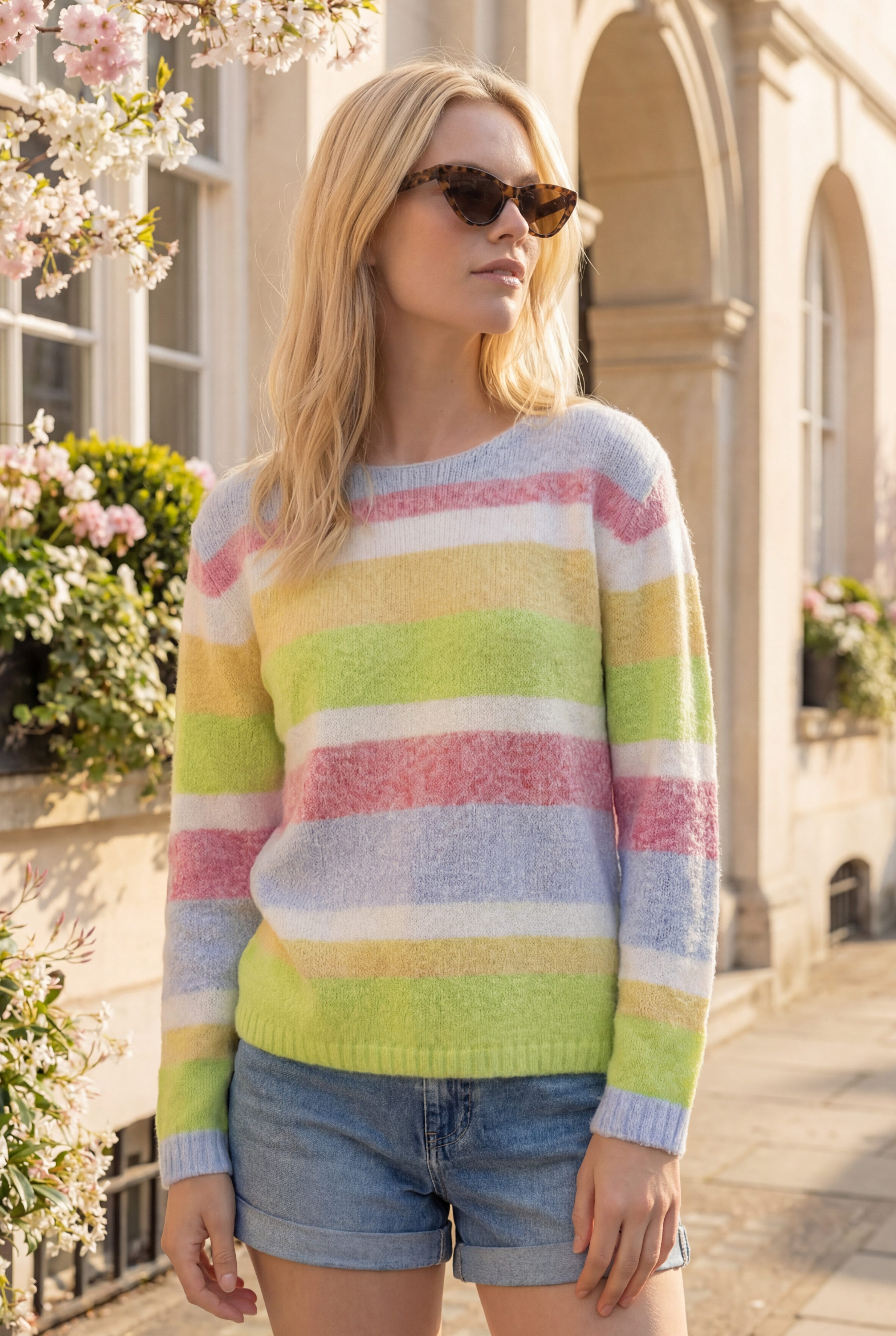Zaubermond Strickpullover Baumwoll-Strickpullover meliert Blockstreifen, modern Sommerfarben