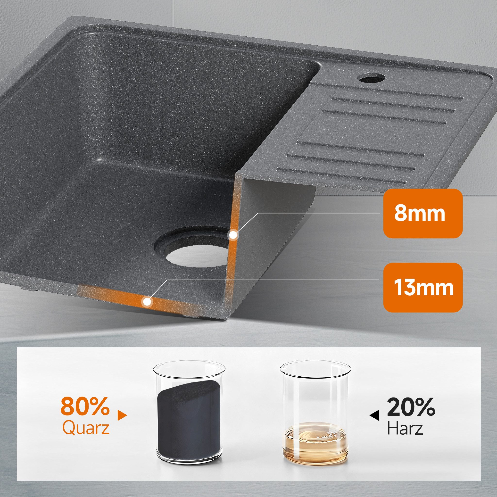 HOROW Granitspüle Granit Spüle in Schwarz 1 Becken Einbauspüle in 57 x 45 cm, 57/45 cm, mit Siphon Ab- und Überlaufgarnitur – Bild 4 von 5