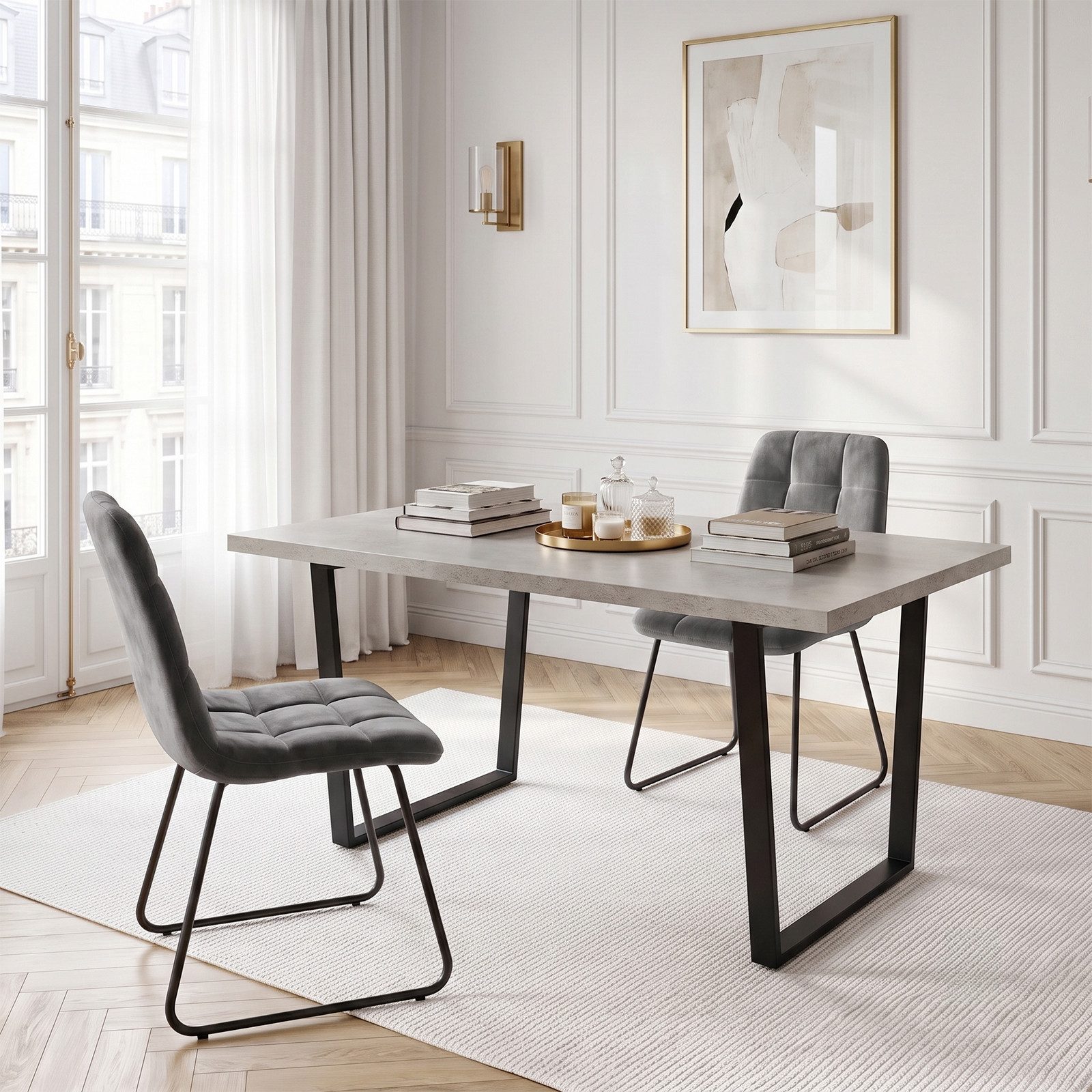 Jiexi Essgruppe Essgruppe fest 110x70 MDF Grau Tisch Set mit Flanell Stühlen