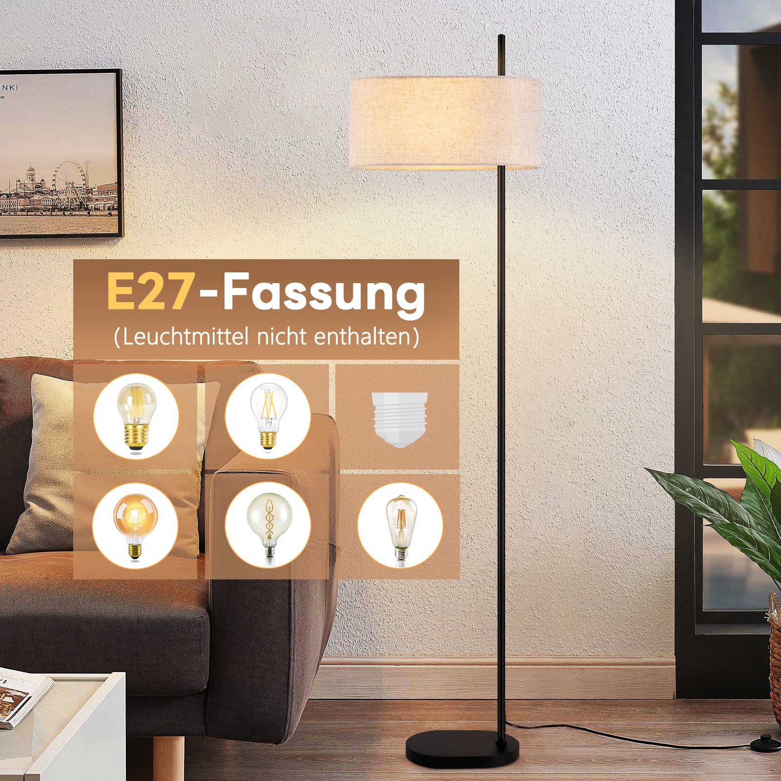 ZMH Stehlampe 154cm Schwarz Stehleuchte Stoffschirm E27 Retro für Schlafzimmer, Hochwertige Design, ohne Leuchtmittel, mit Fußschalter Tageslichtlampe für Schlafzimmer