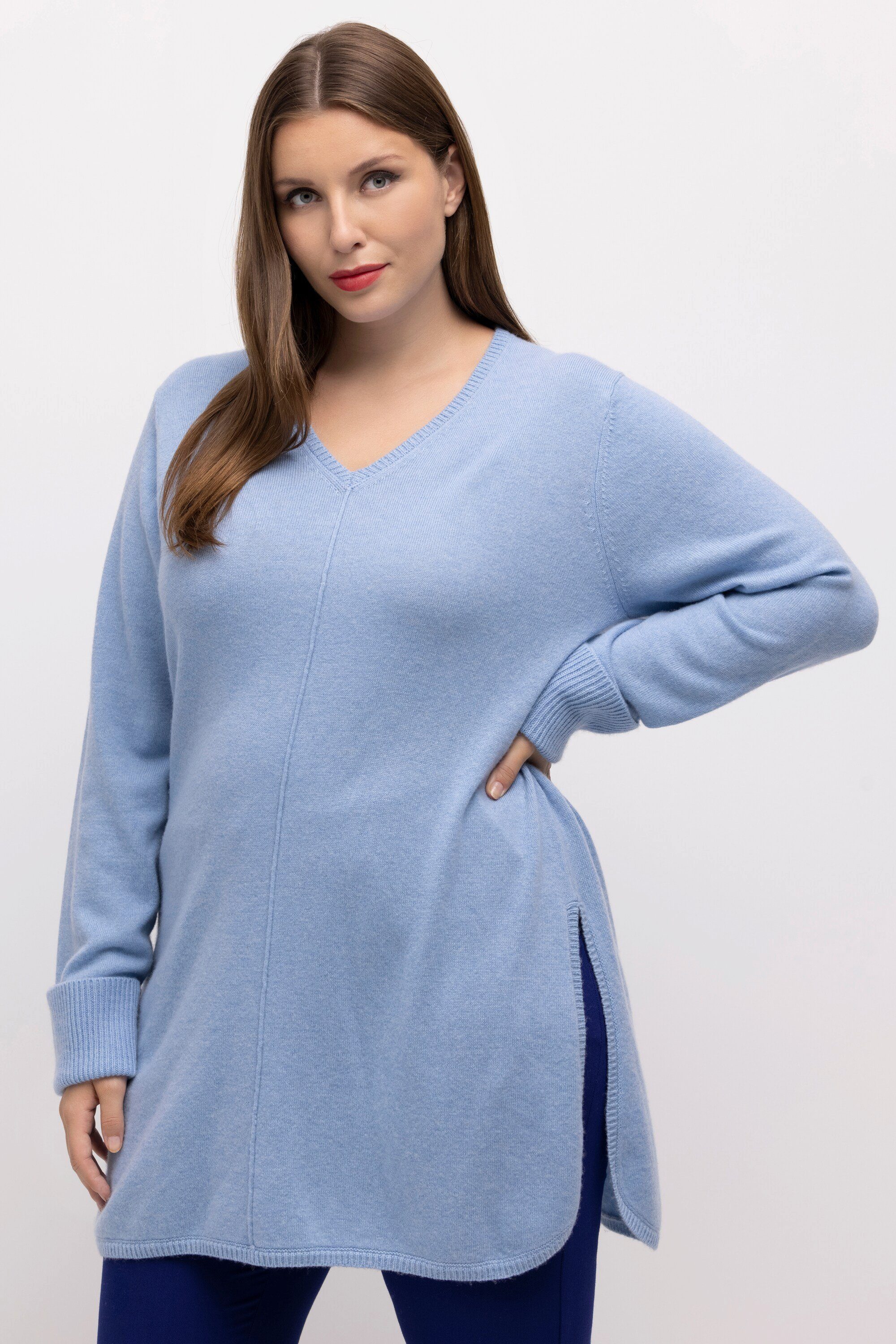 Ulla Popken Strickpullover Pullover edler Wollmix Biese V-Ausschnitt Langarm helles bleu