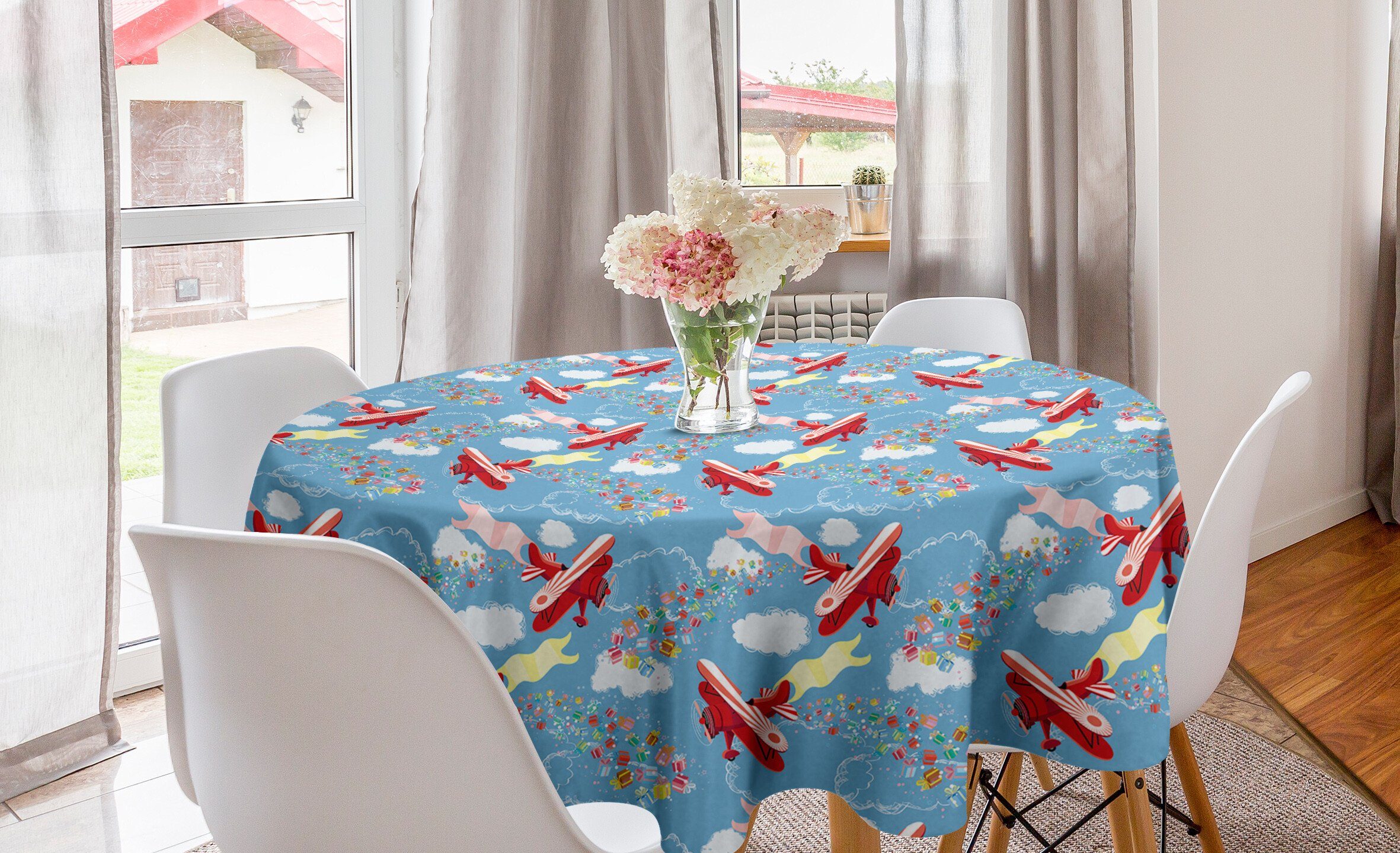 Abakuhaus Tischdecke Kreis Tischdecke Abdeckung für Esszimmer Küche Dekoration, Flugzeug Fesselballons Anwesende Kästen