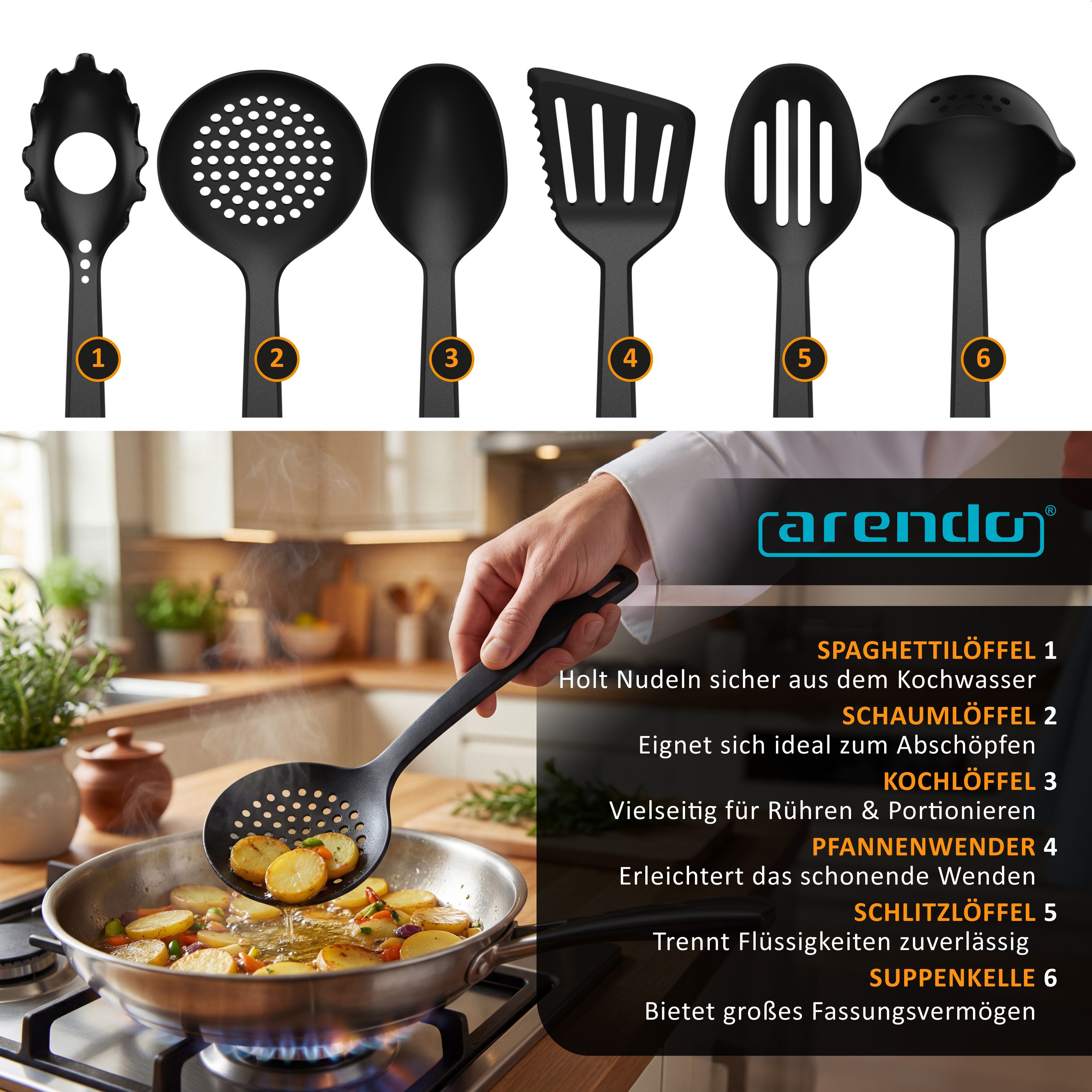 Arendo Kochbesteck-Set Küchenhelfer 6er Set, spülmaschinenfest, kratzfrei & lebensmittelecht (Set, 6-tlg., robuste Suppenkelle, Pasta-, Schaum-, Seih- & Servierlöffel, Wender), Küchenutensilien für beschichtete Pfannen & Töpfe, hitzebeständig