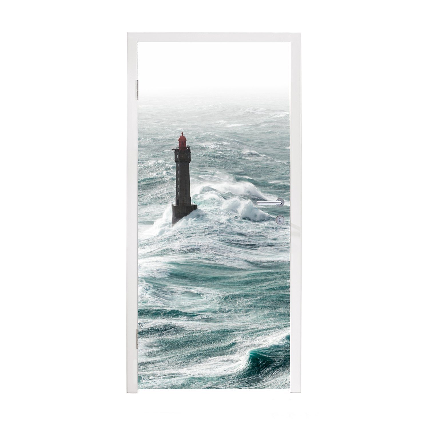 MuchoWow Türtapete Der Leuchtturm von La Jument im Meer vor der französischen Küste, Matt, bedruckt, (1 St), Fototapete für Tür, Türaufkleber, 75x205 cm