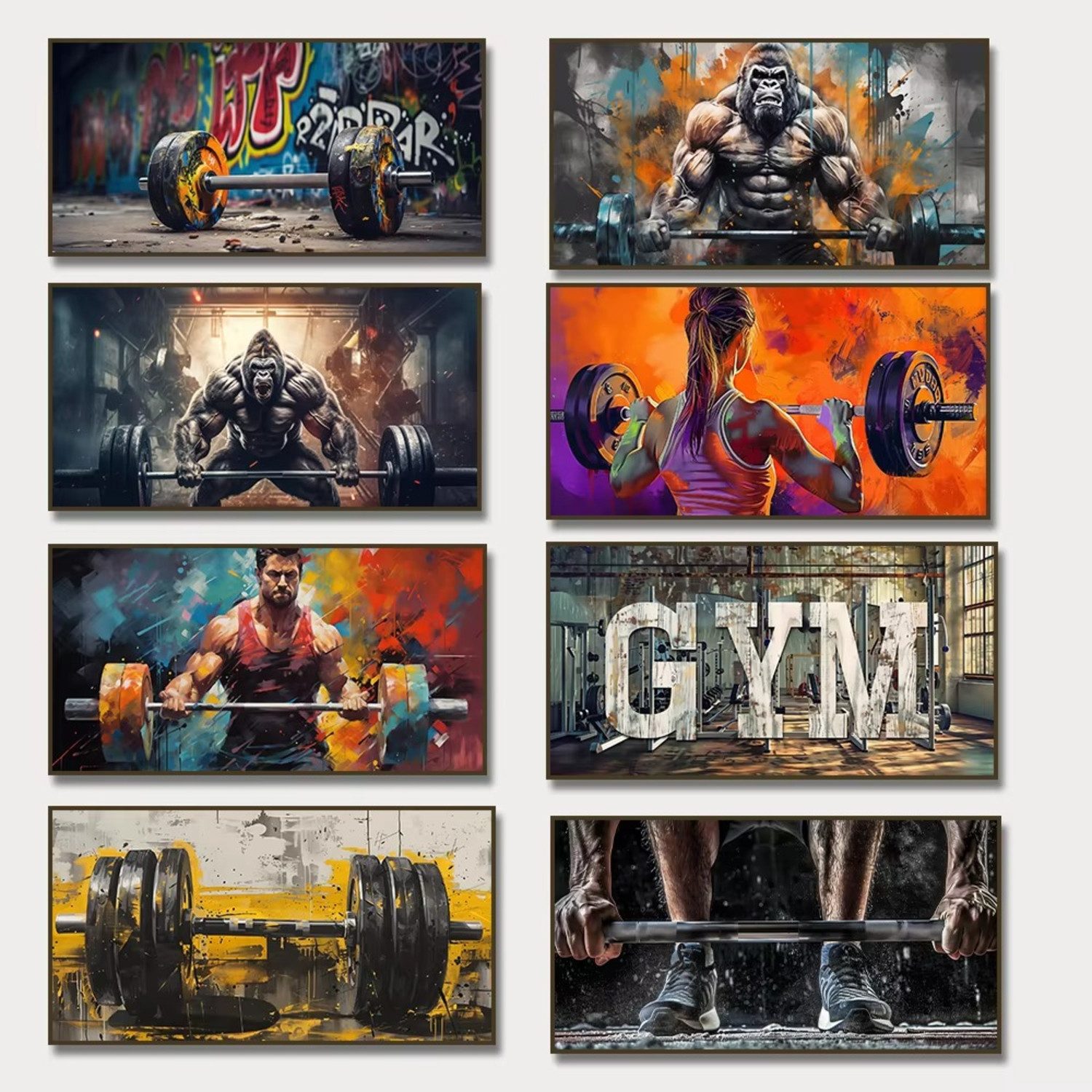TPFLiving Kunstdruck OHNE RAHMEN, Graffiti Gorilla Barbell Leinwand Malerei (Leinwandbild XXL), Farben: Farben: schwarz, rot, blau -Größe: 20x40cm